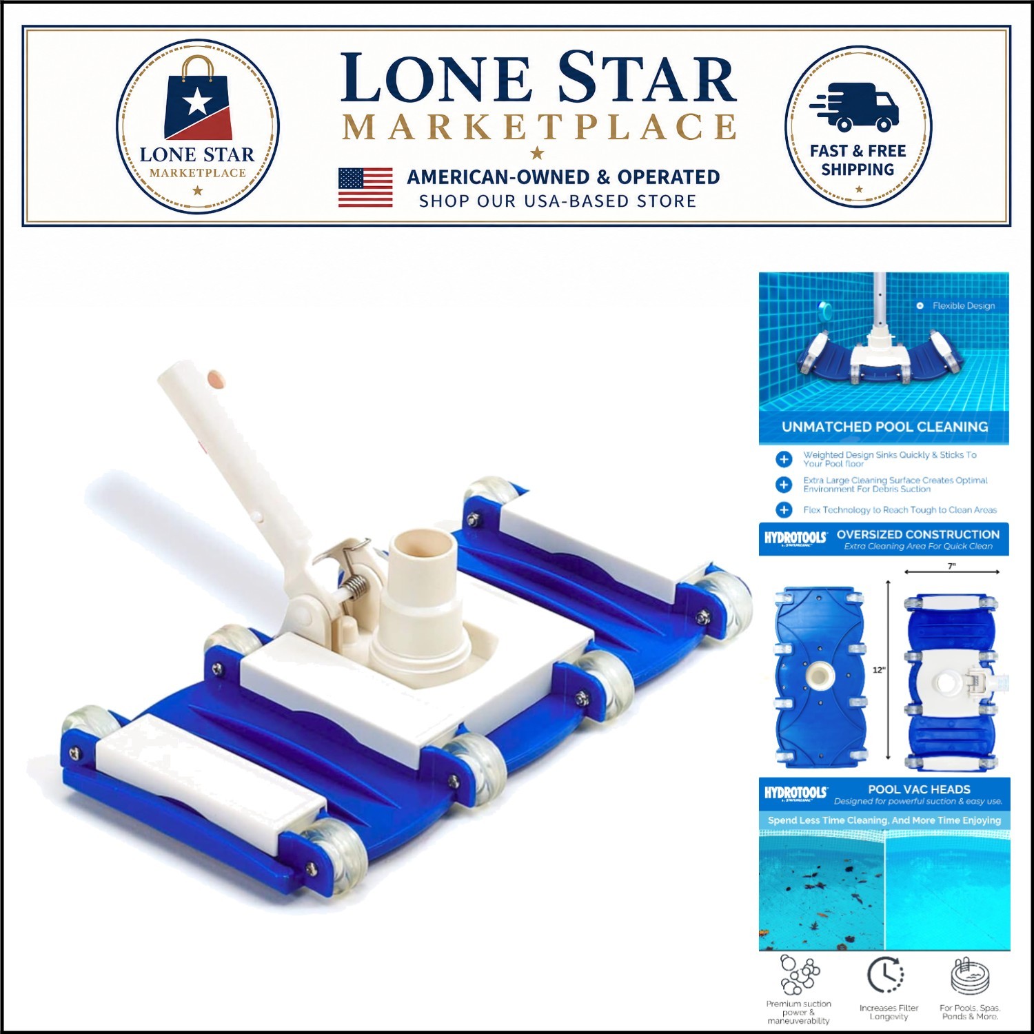 Heavy Duty Hydrotools Vacuum Head Attachment with Integrated Wheels & Durability
