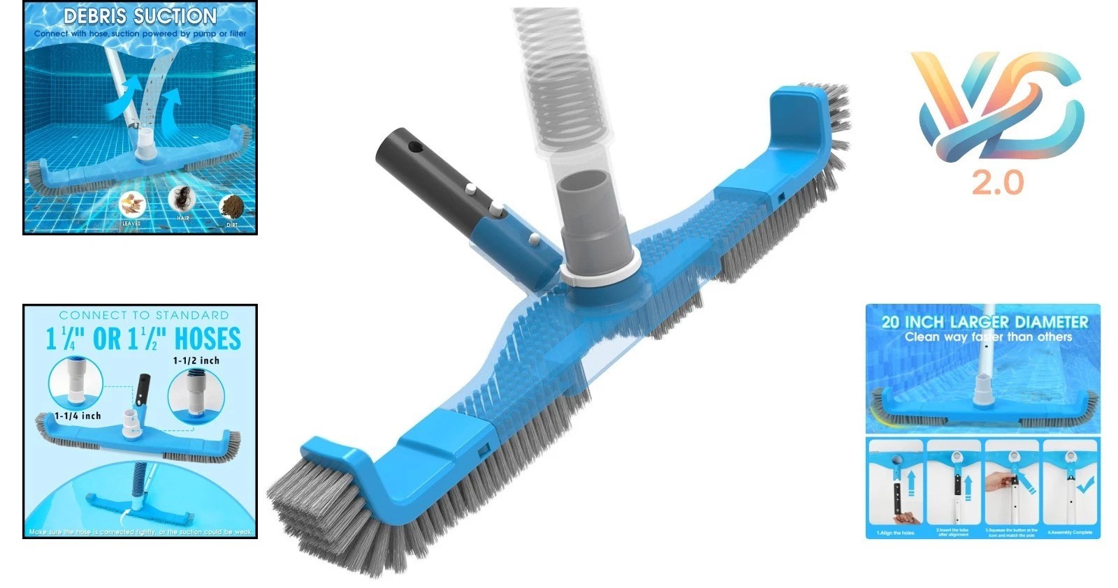 20 Inch Pool Brush Vacuum Head with Swivel Hose Connection Heavy Duty