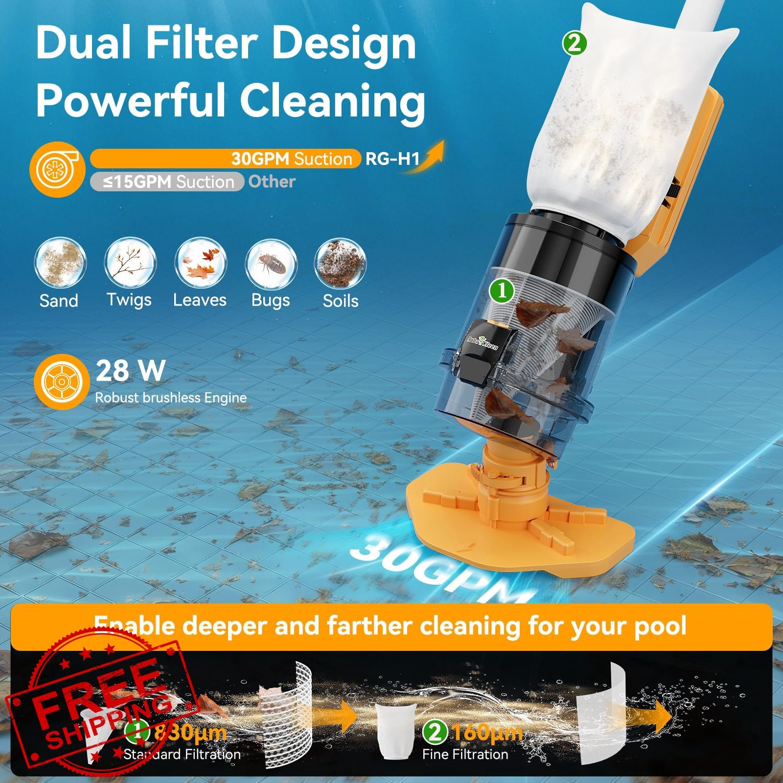 Orange Cordless Pool Vacuum Telescopic Pole 30 GPM Suction Rechargeable