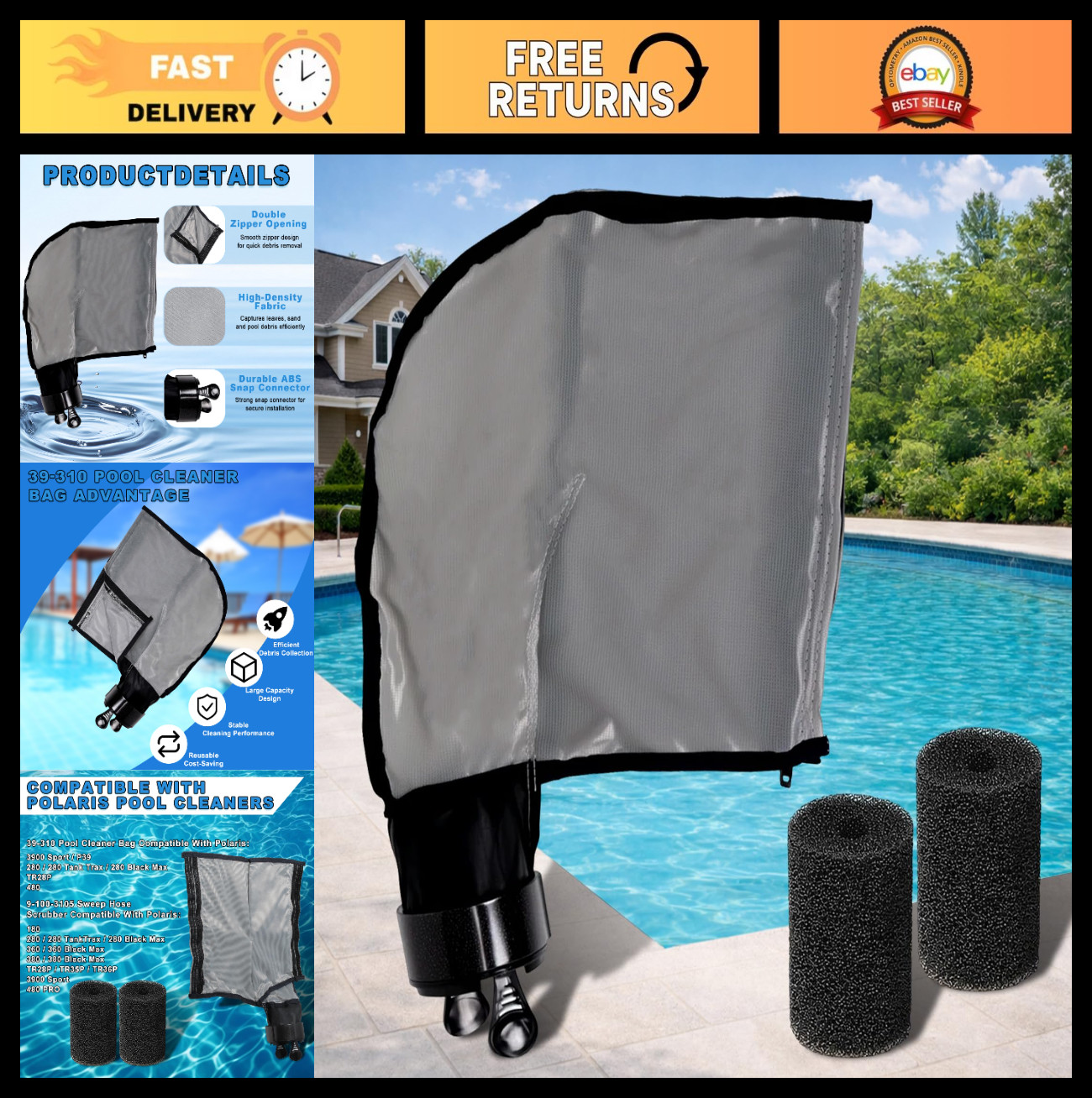 3900 Sport Pool Cleaner Bag Compatible with Polaris 3900, 5L Zipper Bag & Sweep