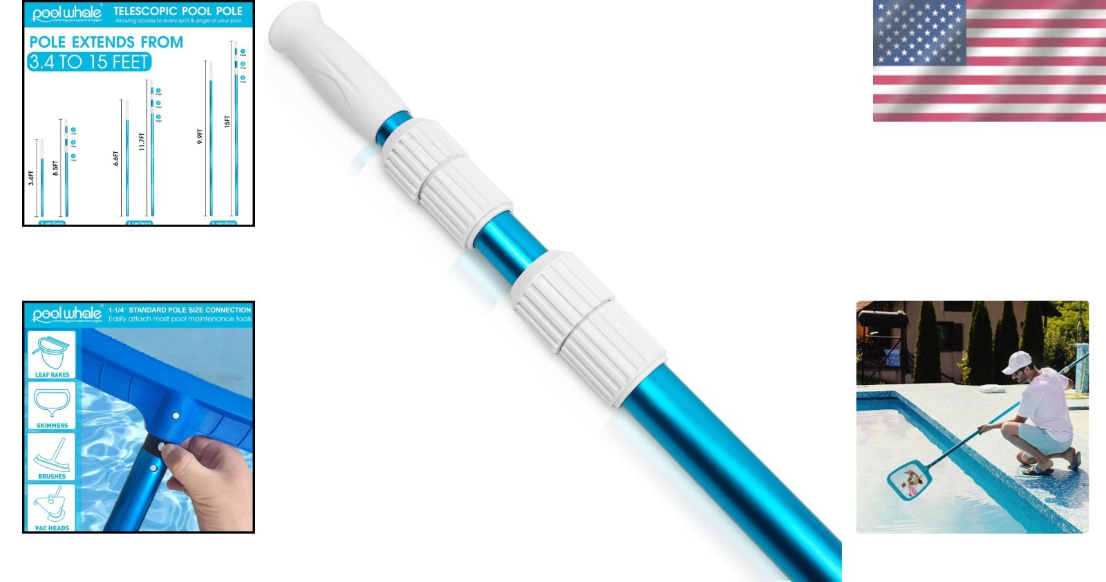 Adjustable 15ft Telescopic Pool Pole in Blue Aluminum – Heavy Duty & Versatile