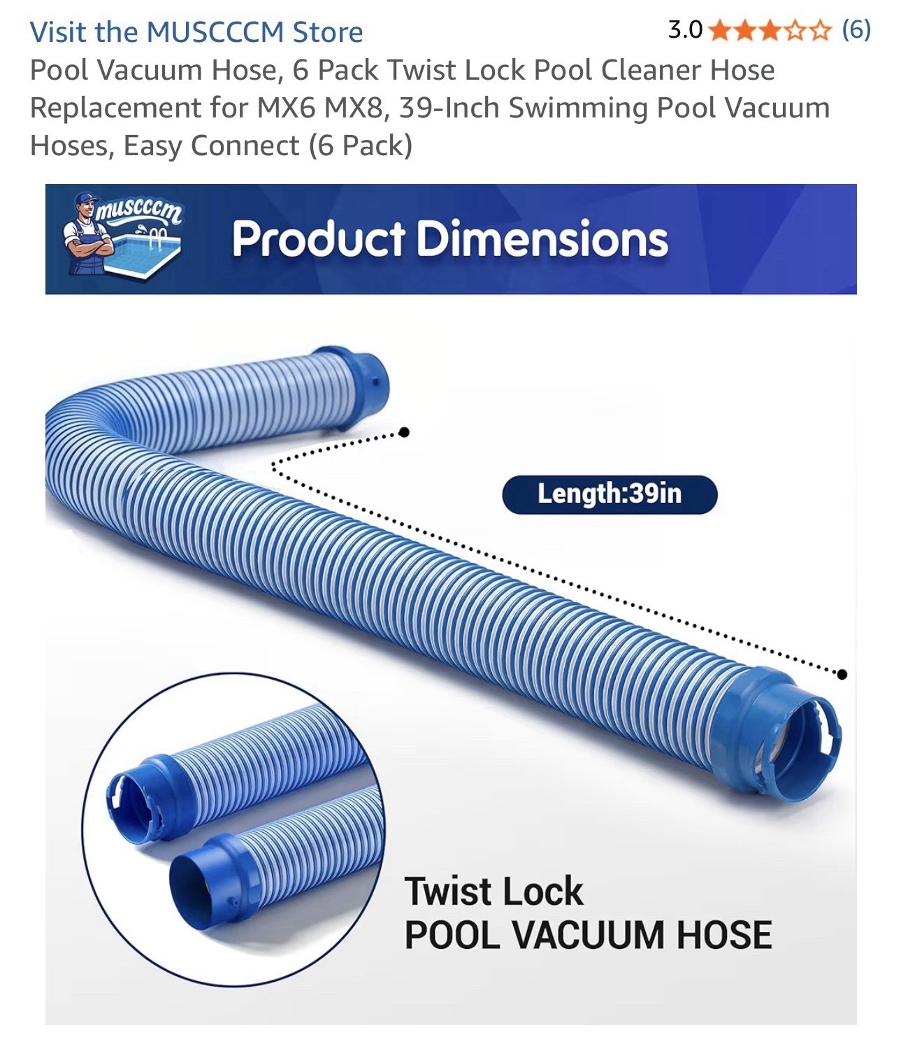 MUSCCCM Twist Lock Easy Connect Pool Hose 6 Pack for MX6 MX8 39-Inch