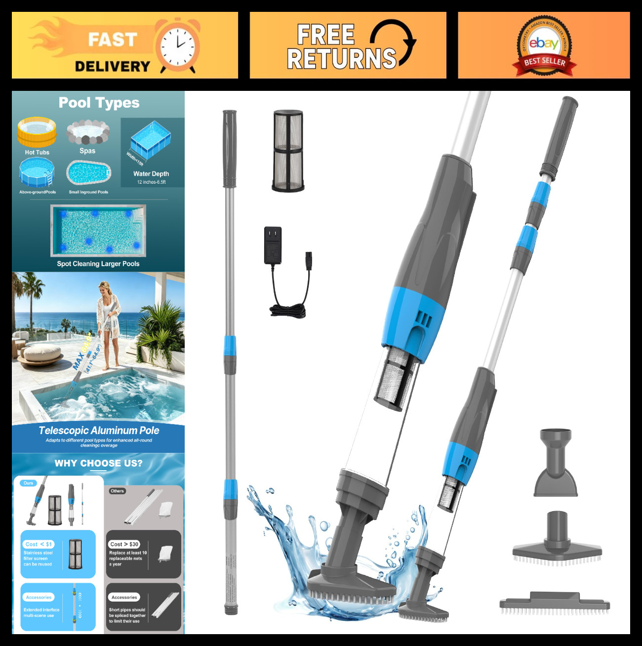 4-in-1 Cordless Rechargeable Pool Vacuum for Spa & Hot Tub, 90 Min Run Time, 12