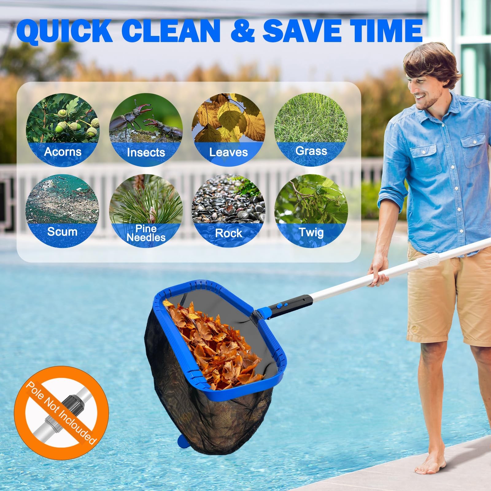 17.5&Prime; Pool Skimmer Net Heavy Duty Deep Mesh for Above & Inground Pools