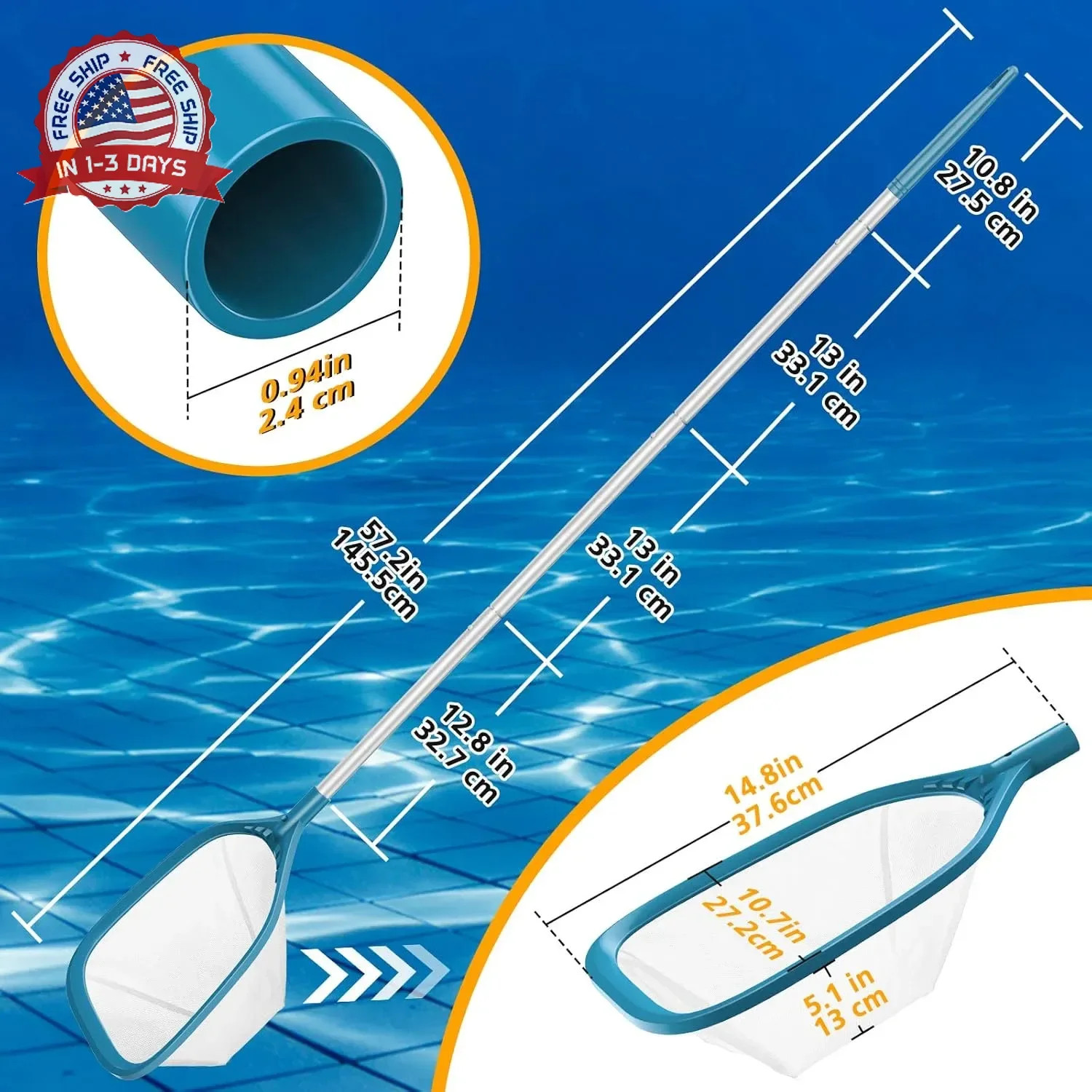 Professional Pool Skimmer Net 57 inch with 4 Aluminum Poles – Fine Mesh for Fast