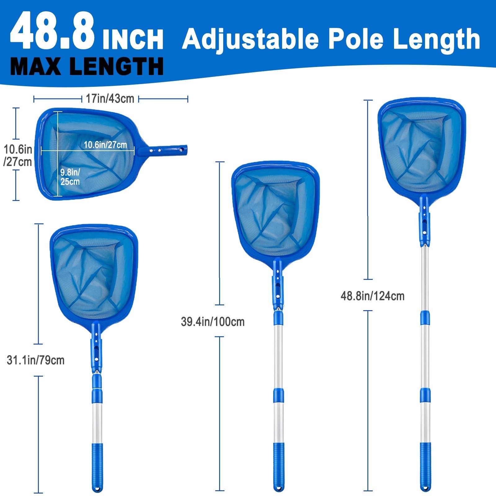 Swimming Pool Skimmer Net – 3 Section Telescopic Pole Fine Mesh Deepwater Net Cl