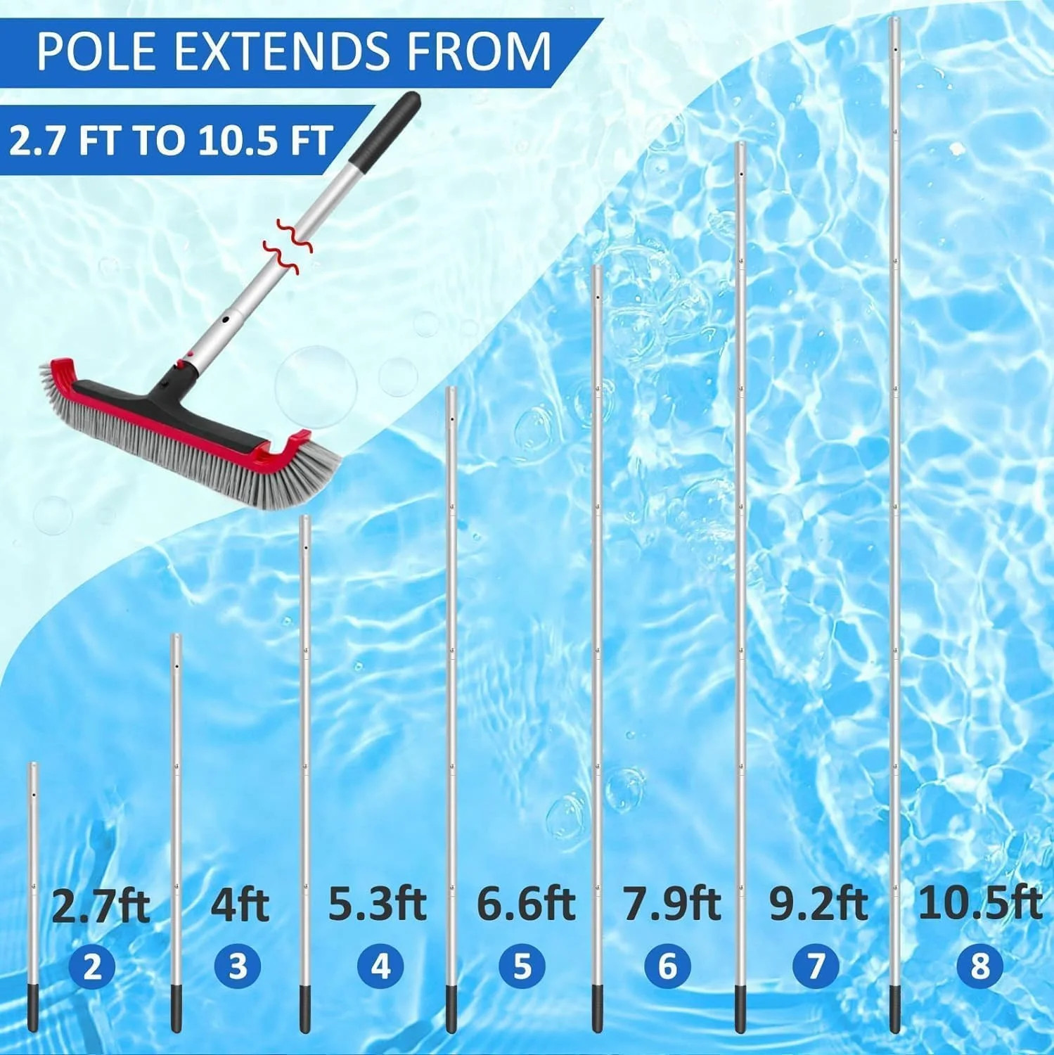 Swimming Pool Brush with Pole – 17.5&Prime; Wall Brush with 10FT Adjustable Aluminum P