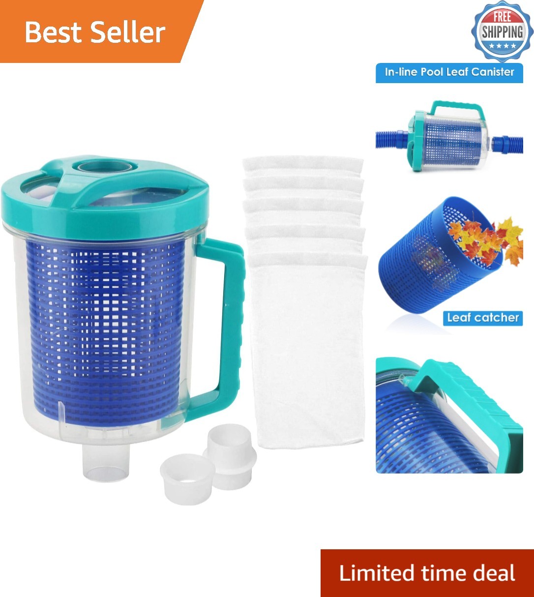 Portable Pool Leaf Canister with Clear Design & 5 Skimmer Socks – Solar Powered