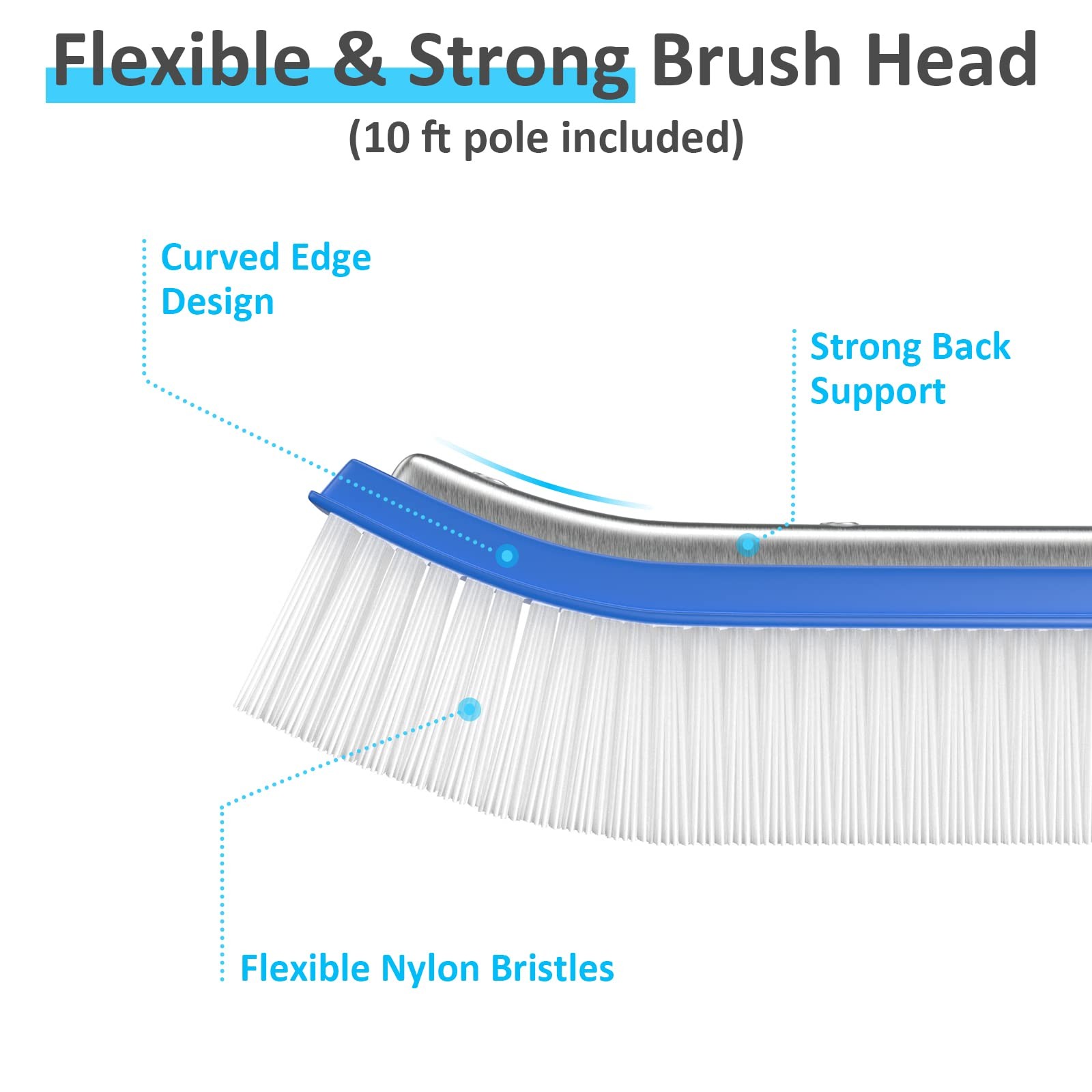 Pool Brush with Pole for Above Ground Pools, 18&Prime; Pool Cleaning Brush Head and…
