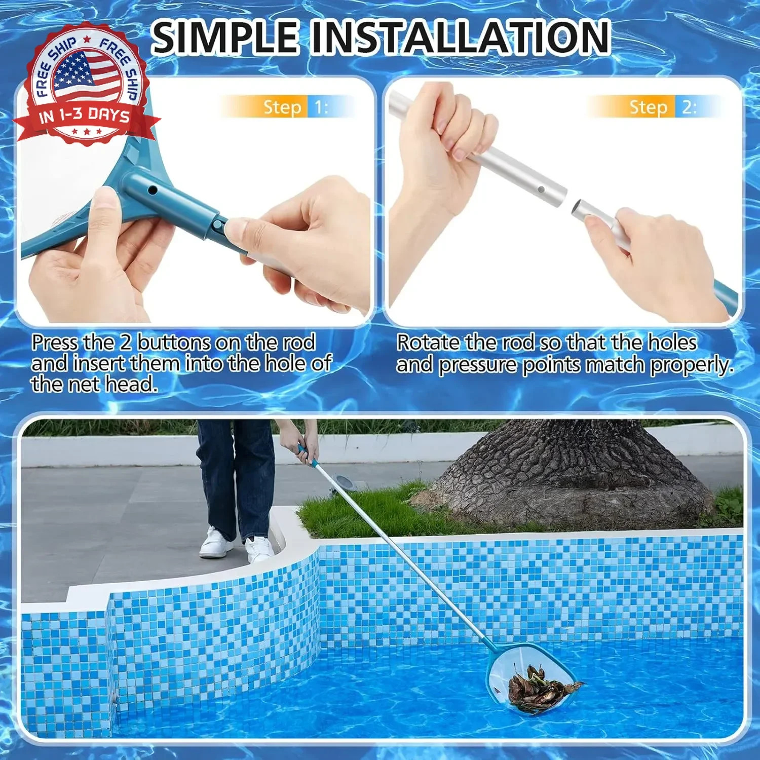 Professional Pool Skimmer Net 57 inch with 4 Aluminum Poles – Fine Mesh for Fast