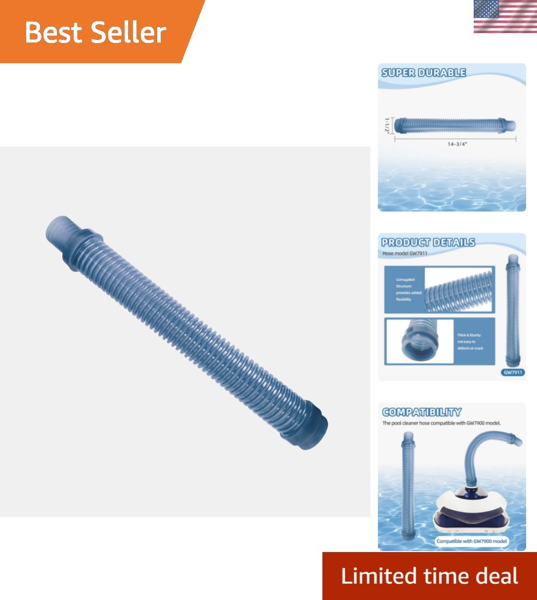 Durable Blue GW7911 Cleaner Hose for Pentair Kreepy Krauly GW7900, 14.75&Prime; Length