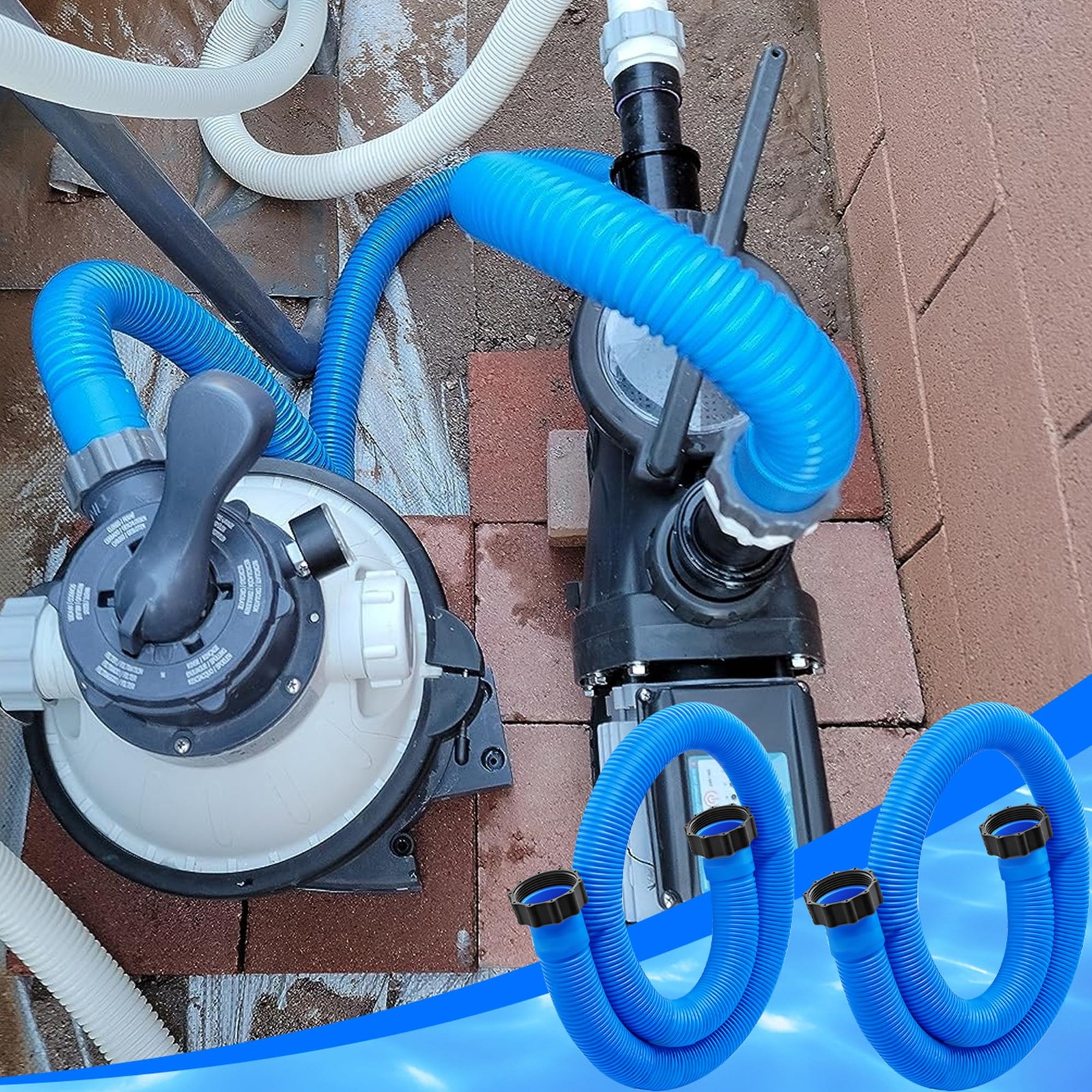 2 Pack 1.5&Prime; X 59&Prime; Long Pool Hoses for Above Ground Pools x 59&Prime;, Blue
