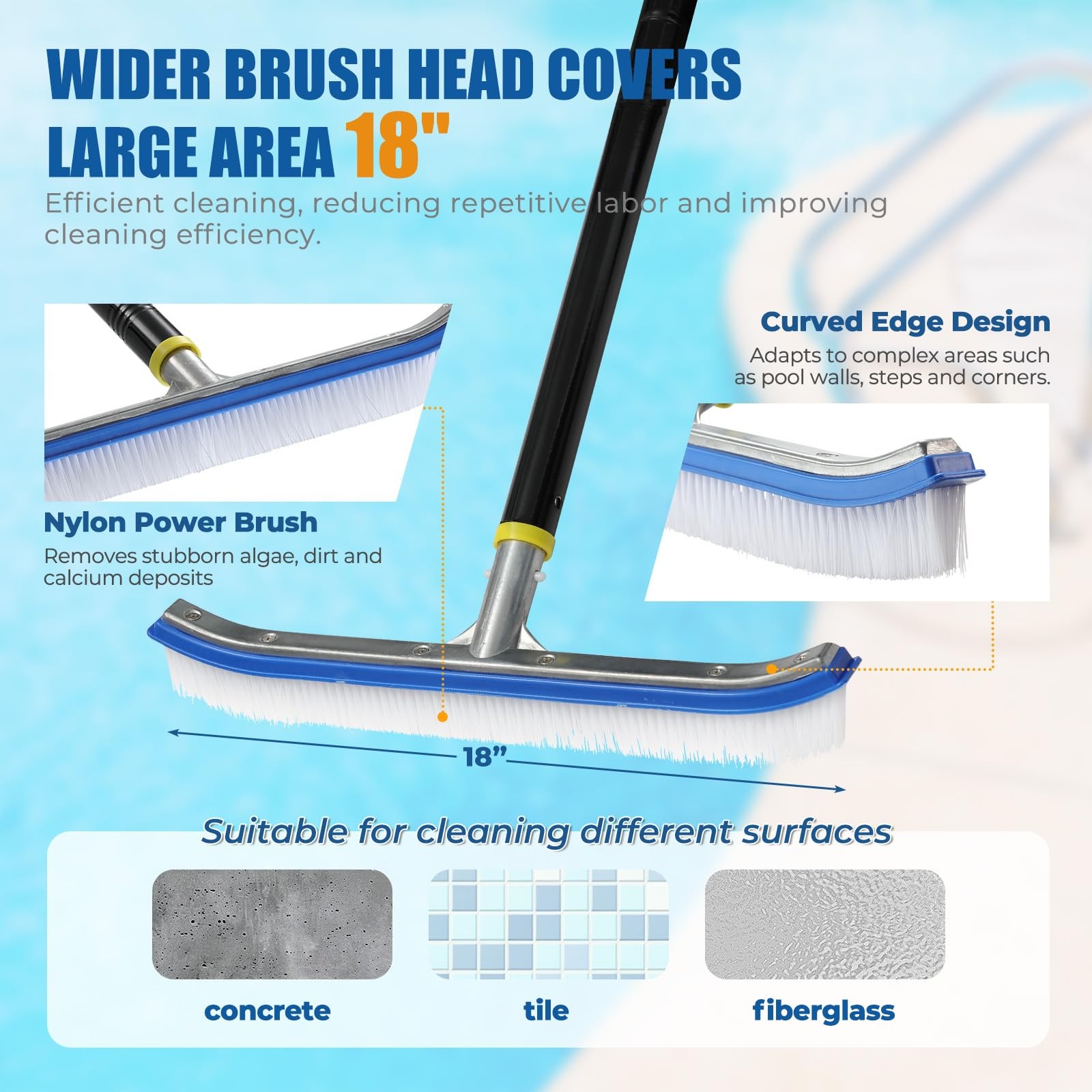 Heavy Duty 6FT Pool Brush – 2-in-1 Pool Scrubber with Aluminum Frame & Nylon …