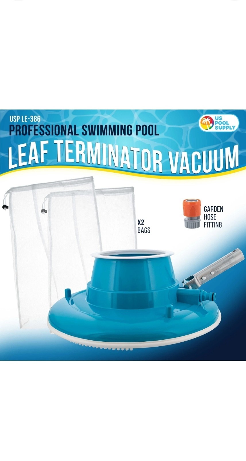 Swimming Pool Leaf Terminator Vacuum, 15&Prime; Cleaner, 2 Debris Eater Bags, 8 Jets