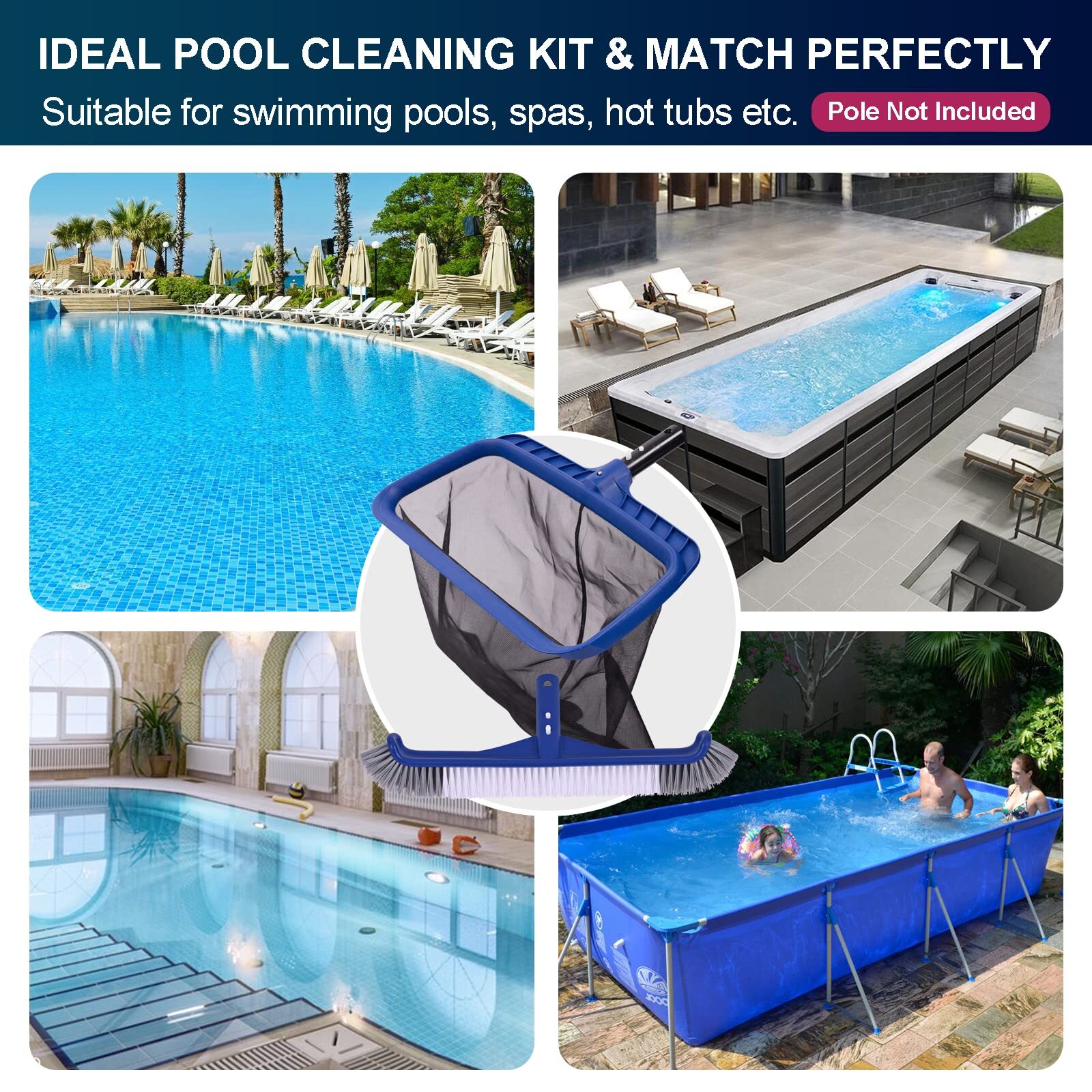 Fine Mesh Pool Net & Brush Head Combo Sturdy Skimmer With 17.5&Prime; Professional Bru