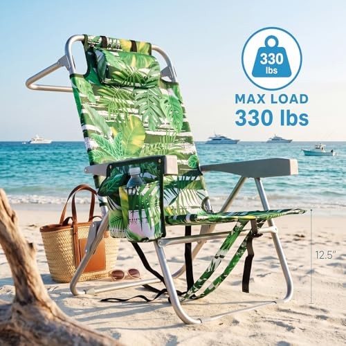 Palm Leaves Beach Chair Heavy Duty 330 lbs, 5-Position Lay Flat Folding