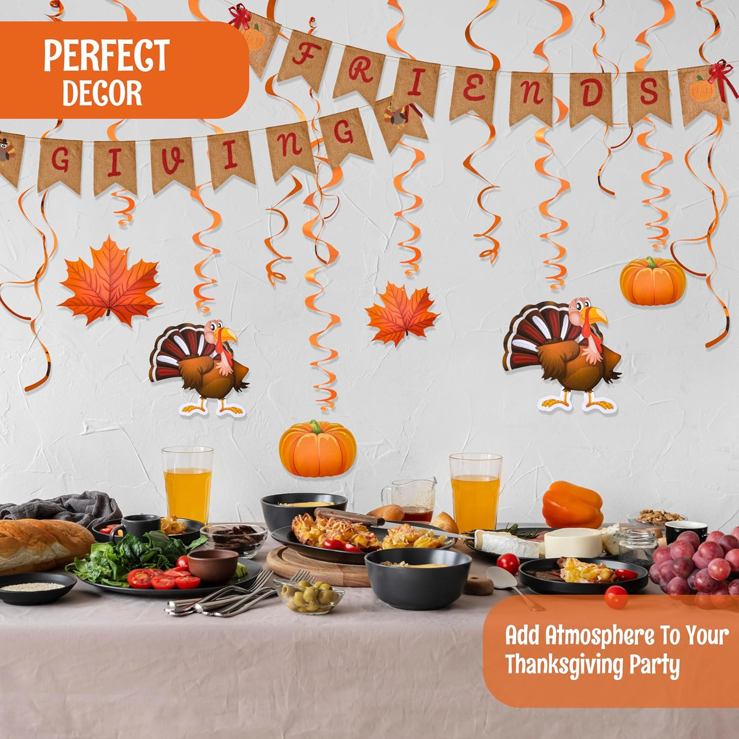 Friendsgiving Garland Kit with 2 Banners & 6 Foil Swirl Cutouts Thanksgiving Set