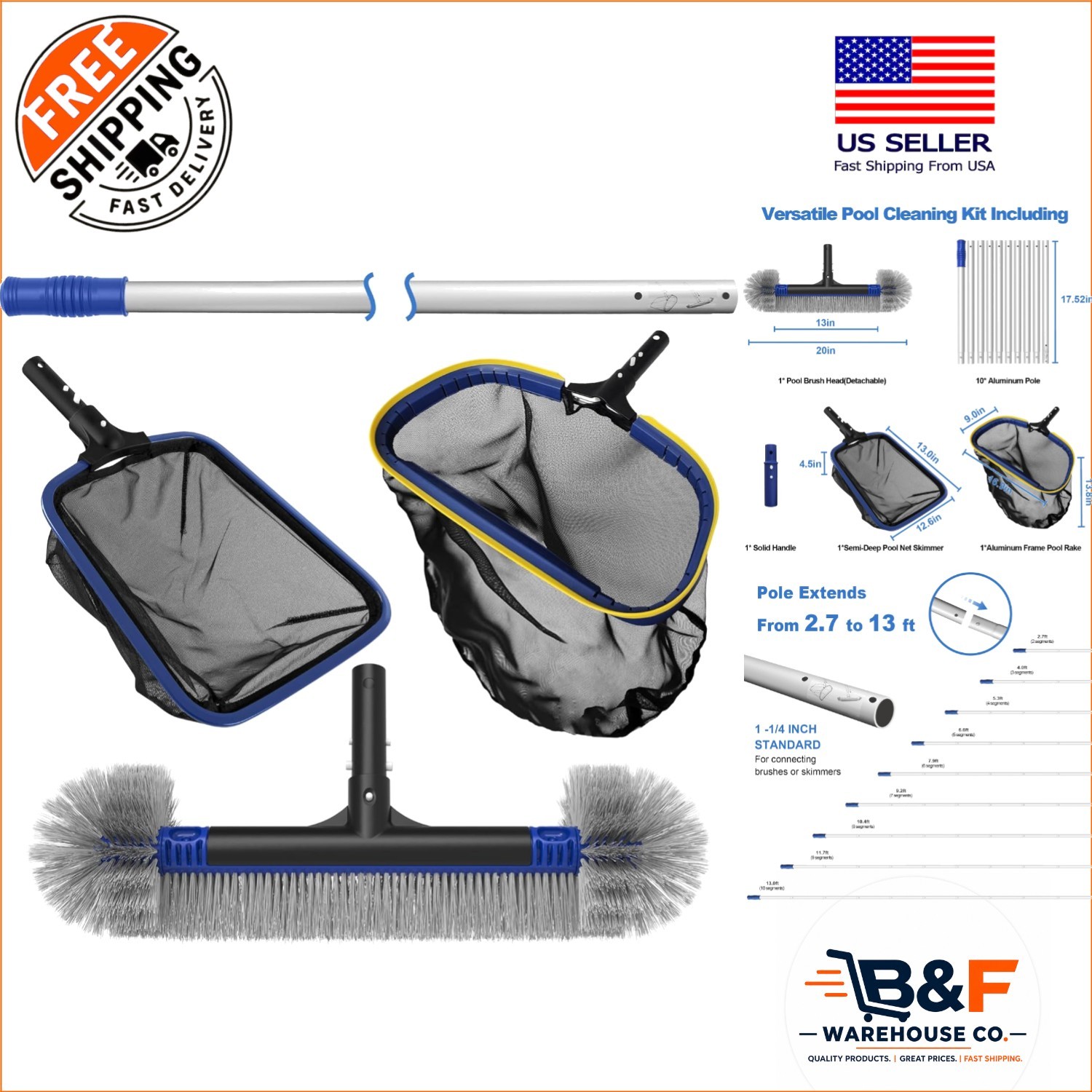 5-in-1 Pool Cleaning System: Rake, Brush Head & 13ft Adjustable Pole