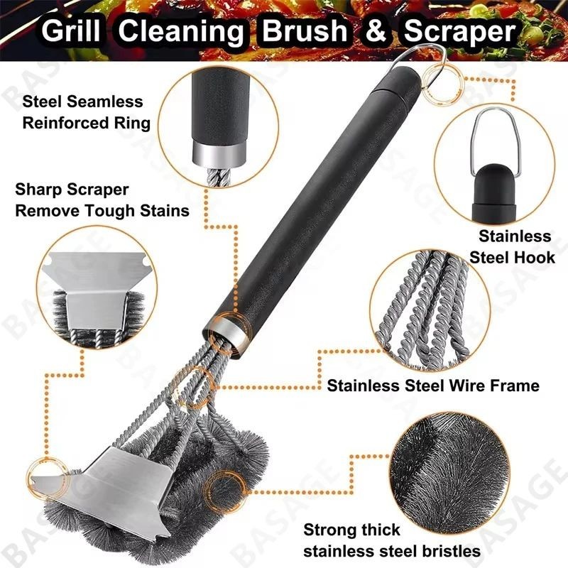 Bristle-Free BBQ Grill Brush Safe Rust-Resistant Stainless Steel Cleaner Tool