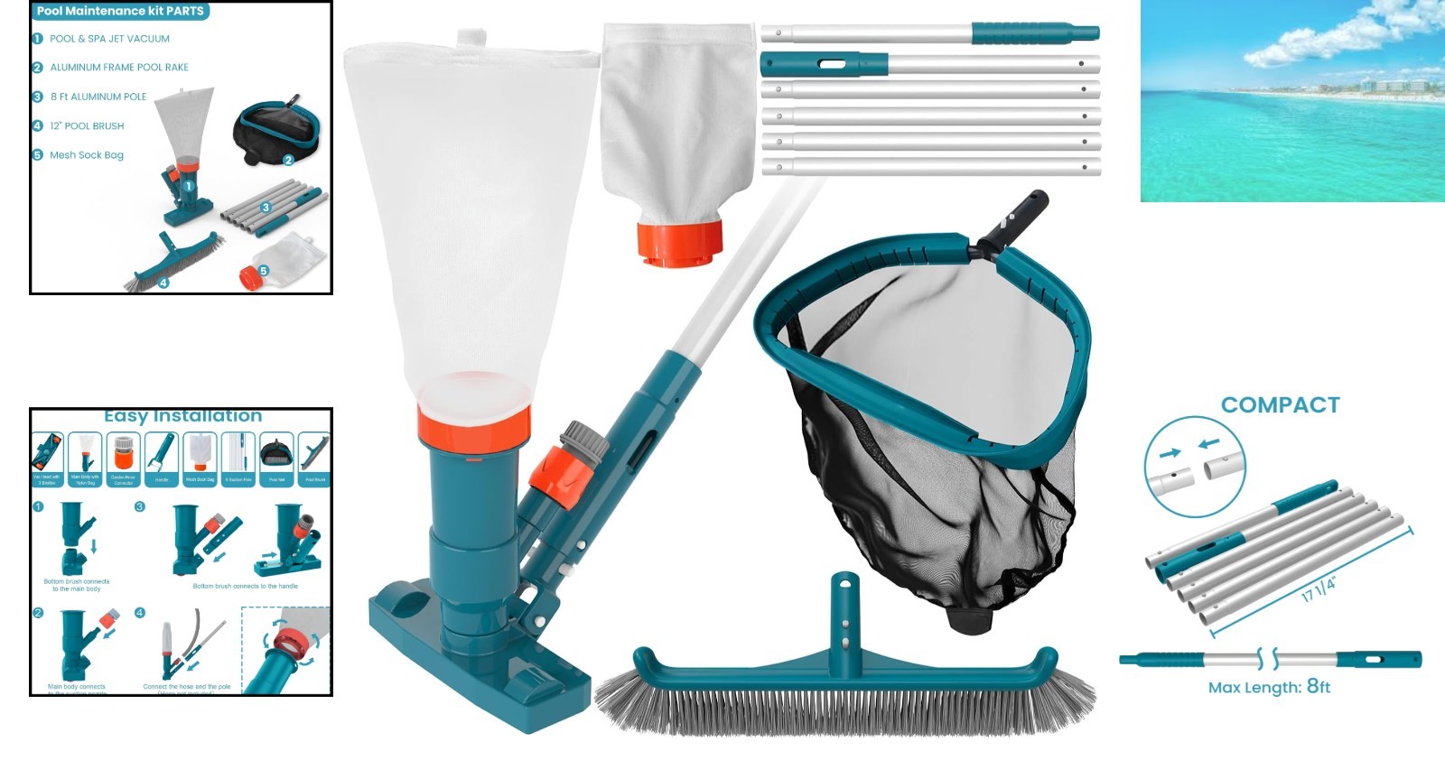 8FT Adjustable Pool Cleaning Kit – Vacuum, Skimmer Rake, and Wall Brush Included