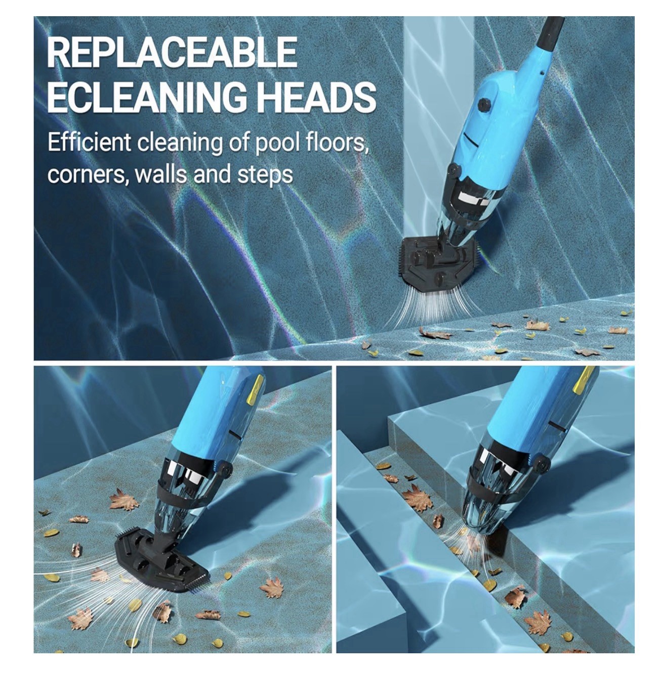 Rechargeable Pool Vacuum w/ Replaceable Brush Head, Pole & Charger Blue/Black