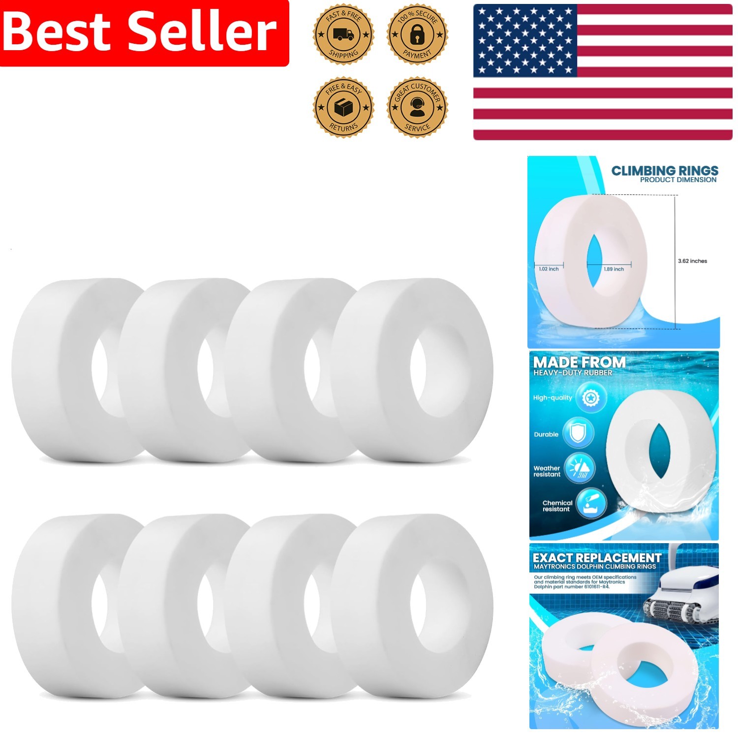 Pool Cleaner Climbing Rings 8-Pack PVA 6101611-R4 Durable Replacement Maytronics
