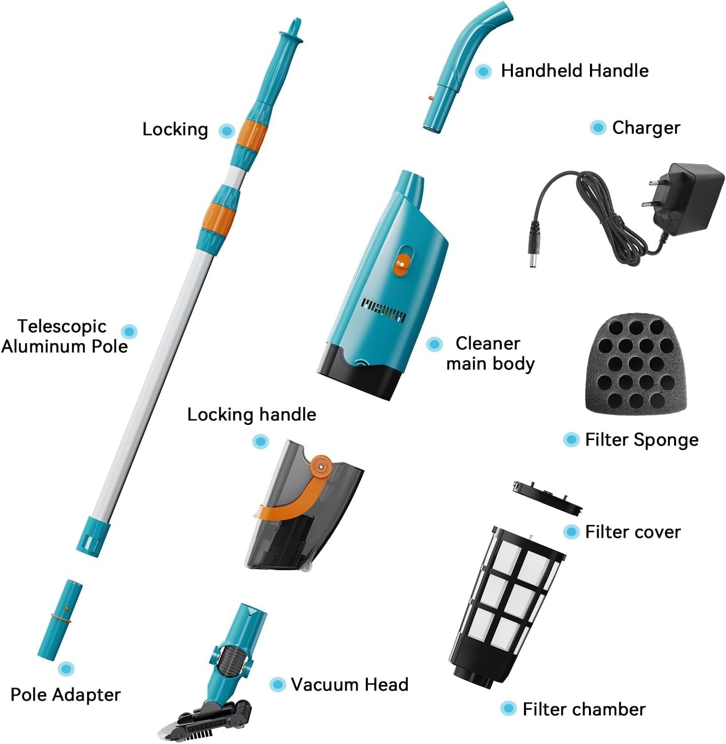 Pool Vacuum Cleaner Cordless Handheld above Ground powerful with Telescopic Pole