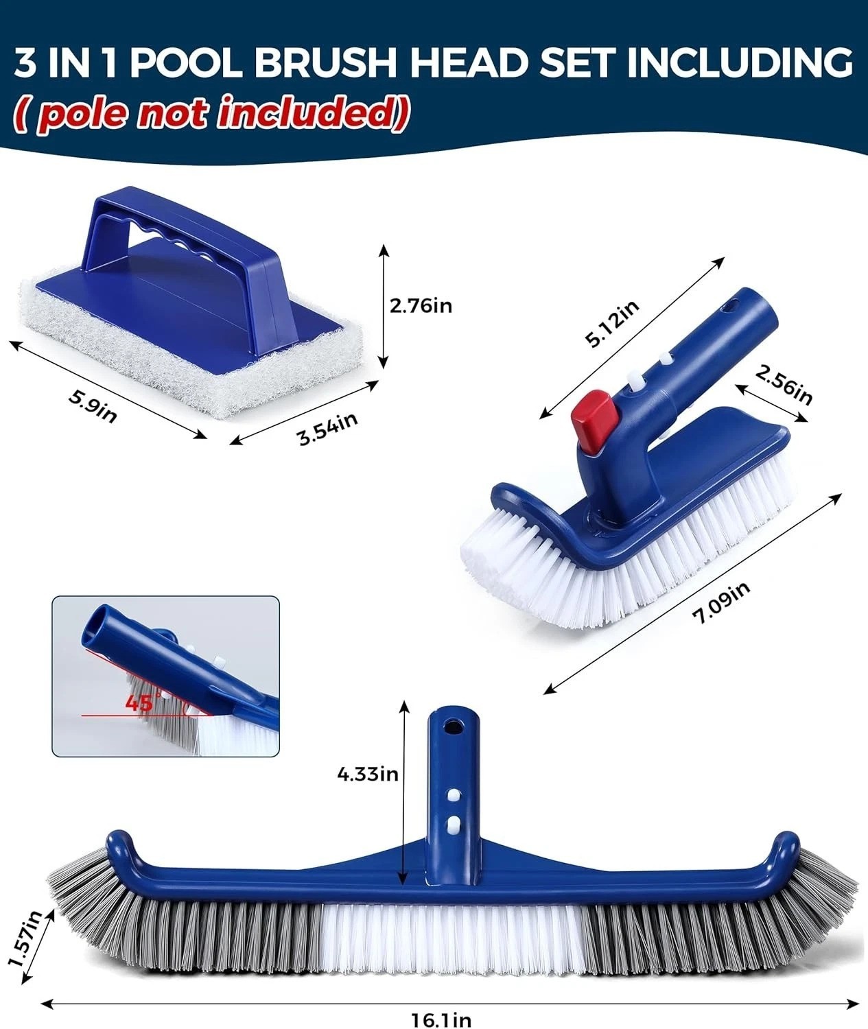 17.5” 3-in-1 Pool Brush Set: Sponge, Scrubber, Rotatable for Efficient Cleaning