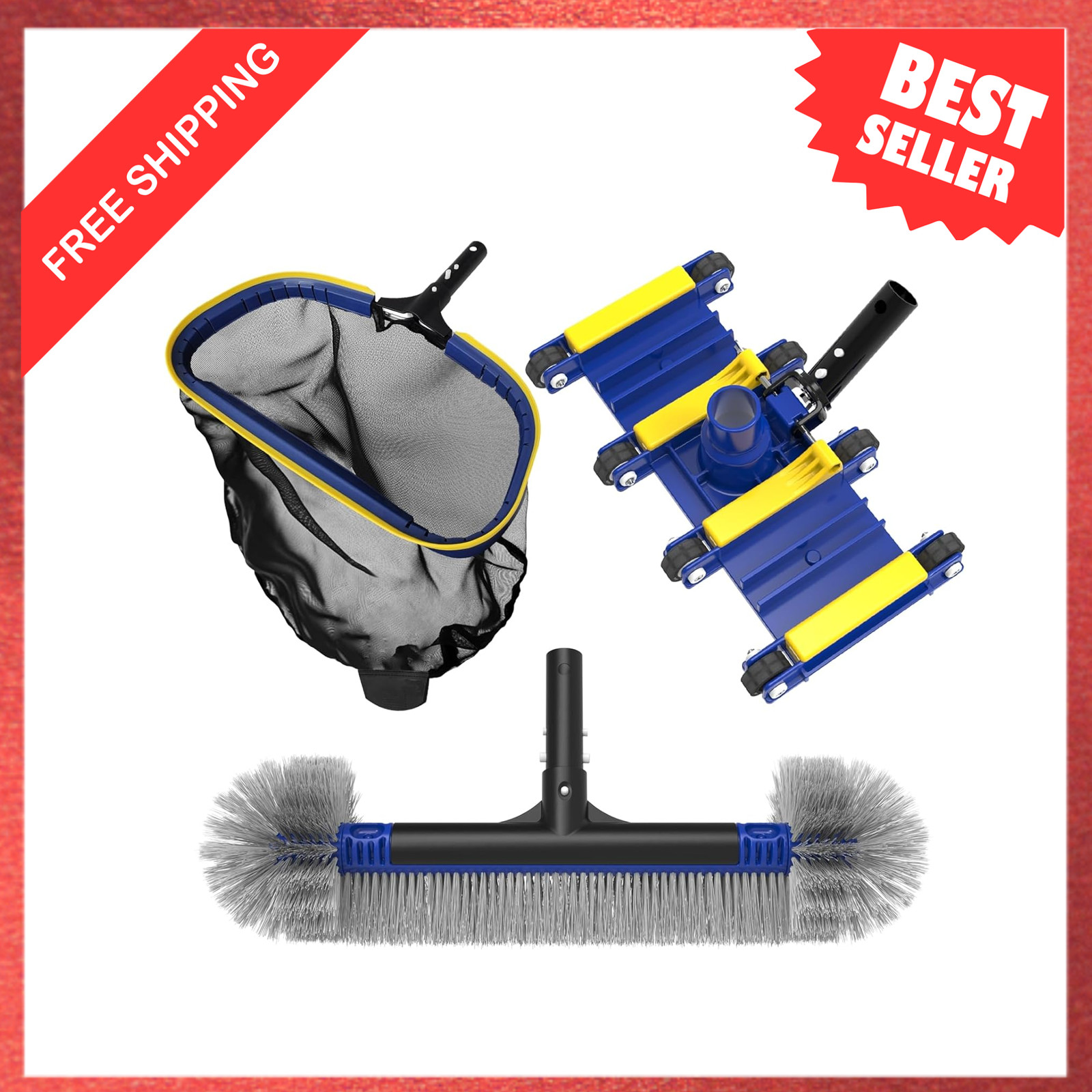 Pool Cleaning Kit, Skimmer Net, 2-in-1 Pool Brush, Weighted Vacuum Head, Above