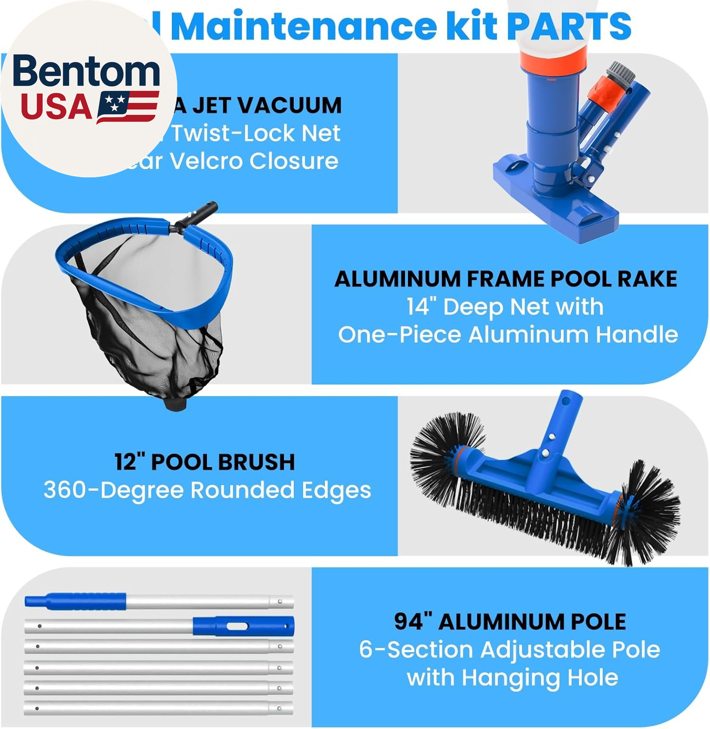 Pool Cleaning Kit with Spa Jet Vacuum Cleaner, 8-Foot Pole, Leaf Rake Net & roun