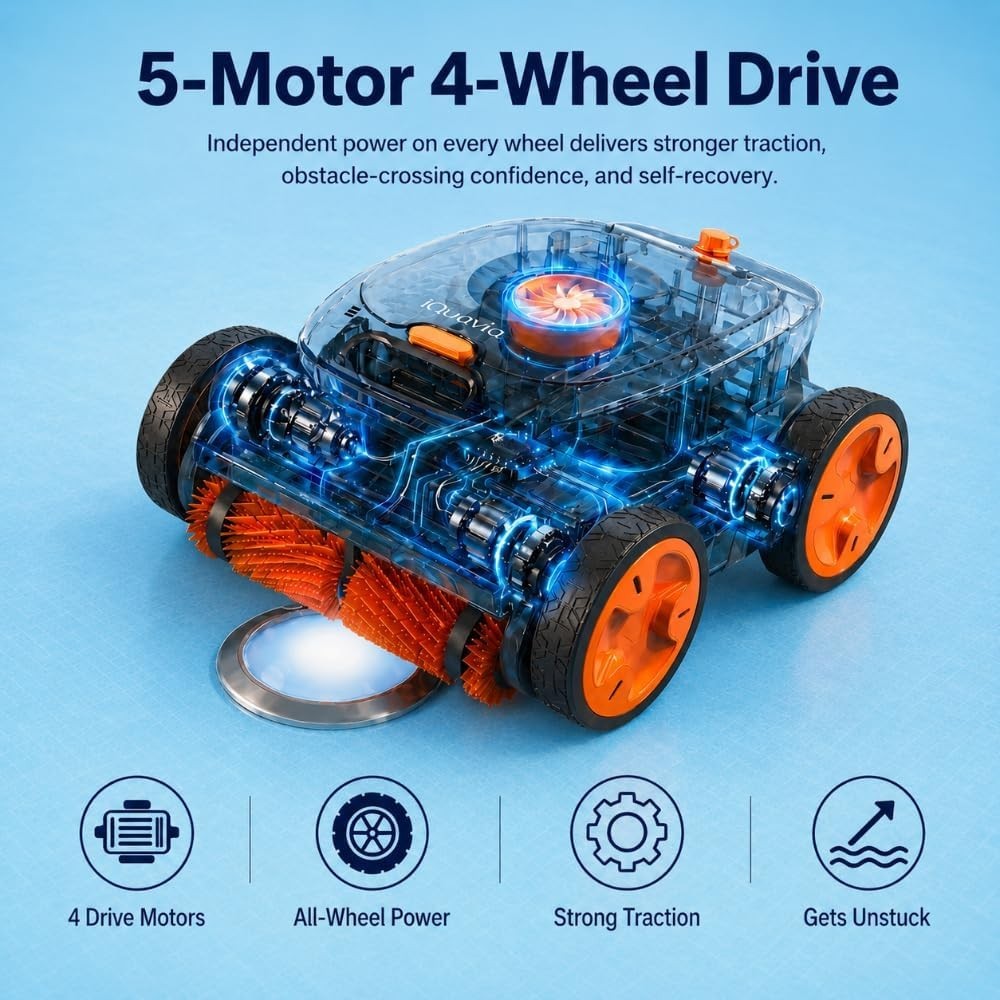 Cordless Robotic Pool Cleaner Remote Underwater Direct Control, 4-Motor 4WD