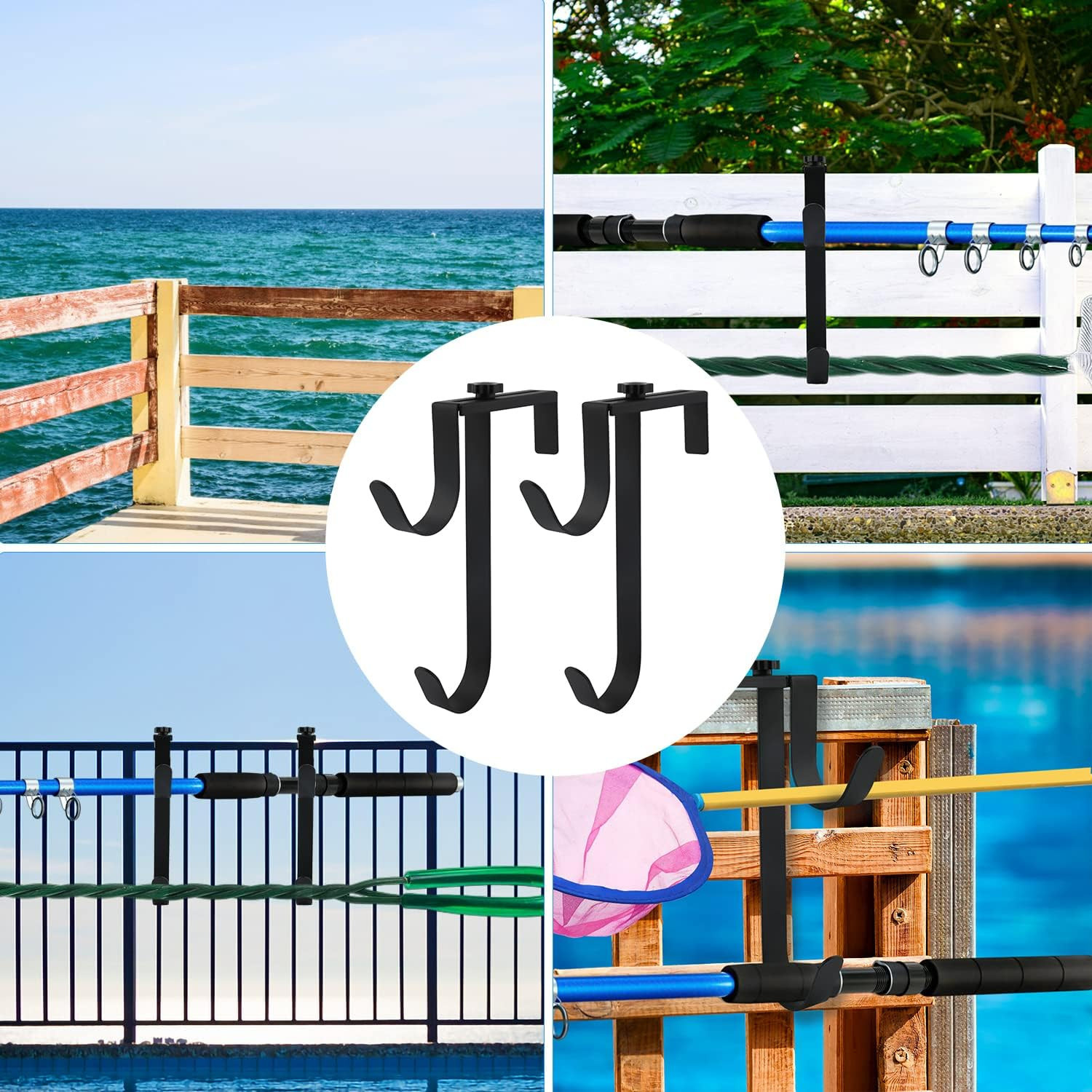 2PCS Double Pool Pole Hanger Hooks, Adjustable Panel Rustproof Fence Hooks Metal