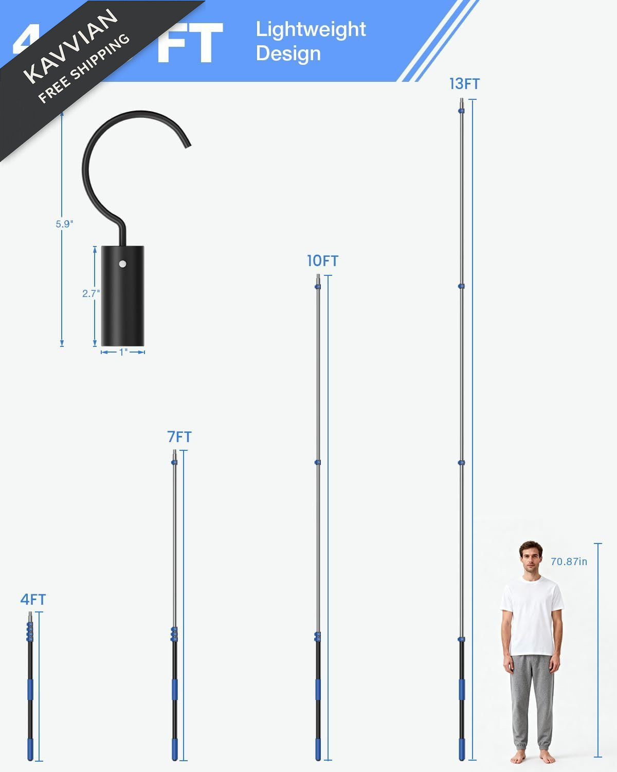 Pool Hook with Pole, 16FT Pole Hook, Black&Blue