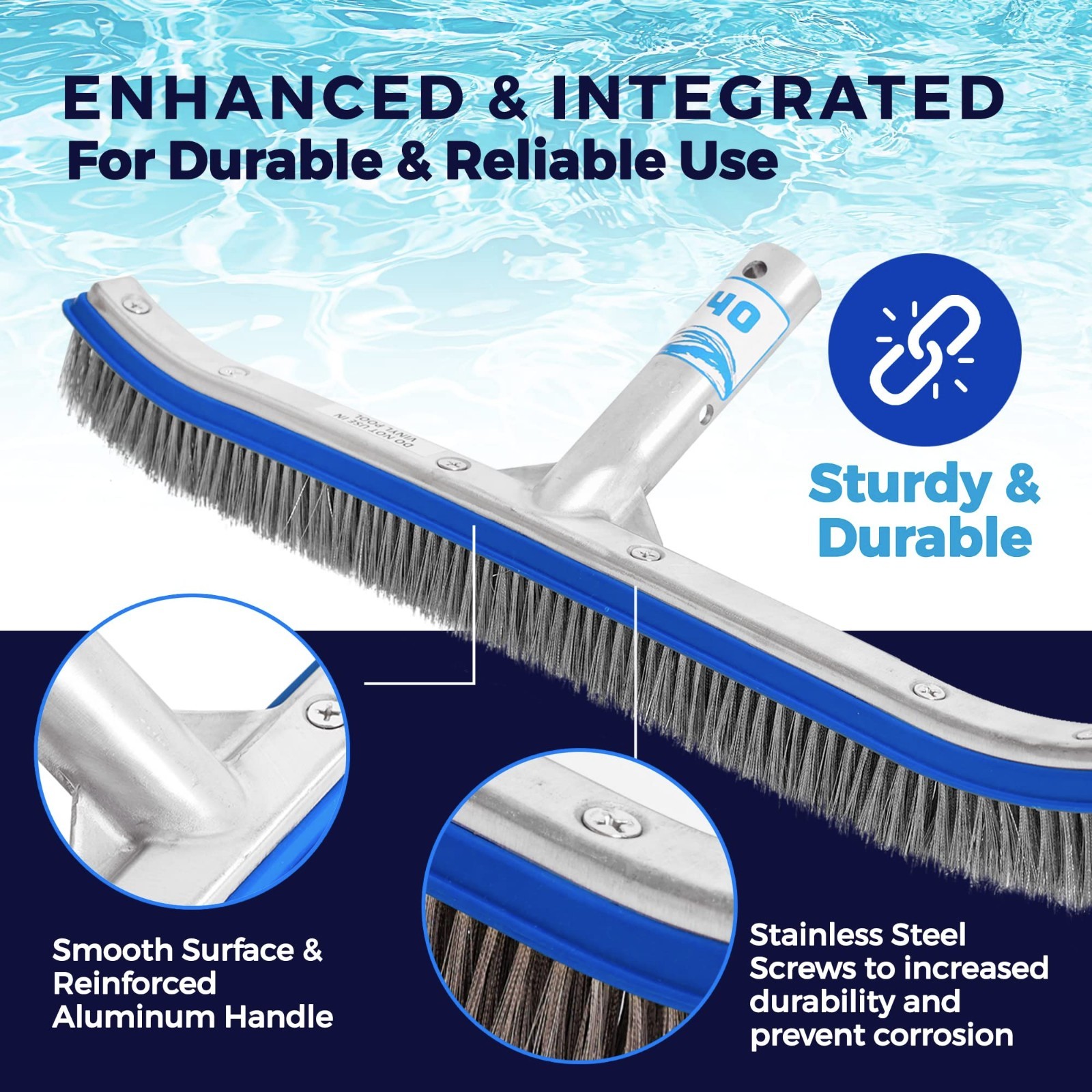 Extra-Wide 18&Prime; Heavy Duty Pool Brush – Metal Head, Stainless Steel Bristles, Cur