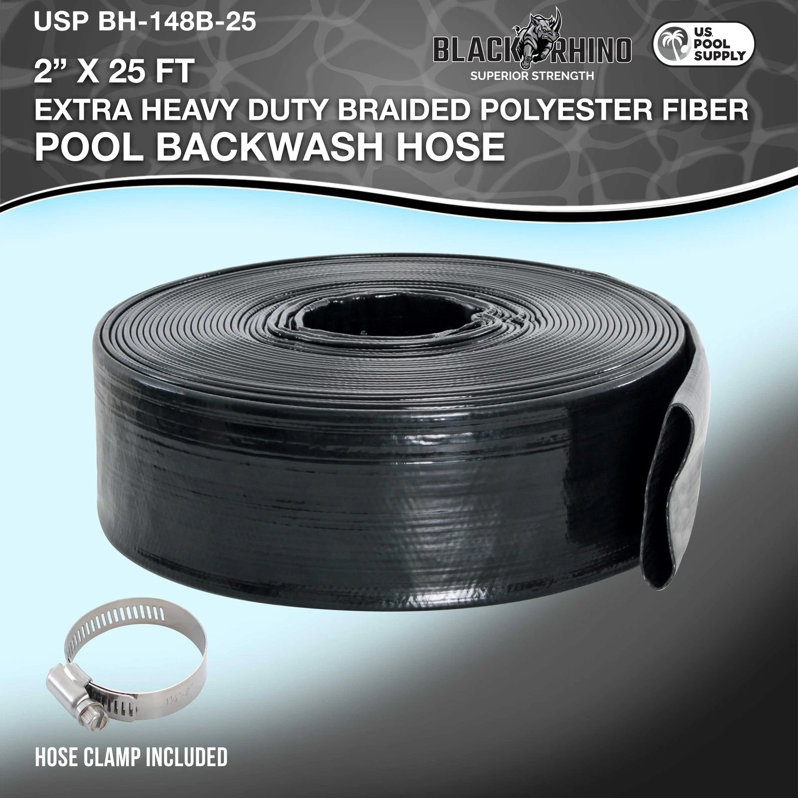 U.S. Pool Supply Black Rhino 2&Prime; x 25&prime; Pool Backwash Hose with Hose Clamp