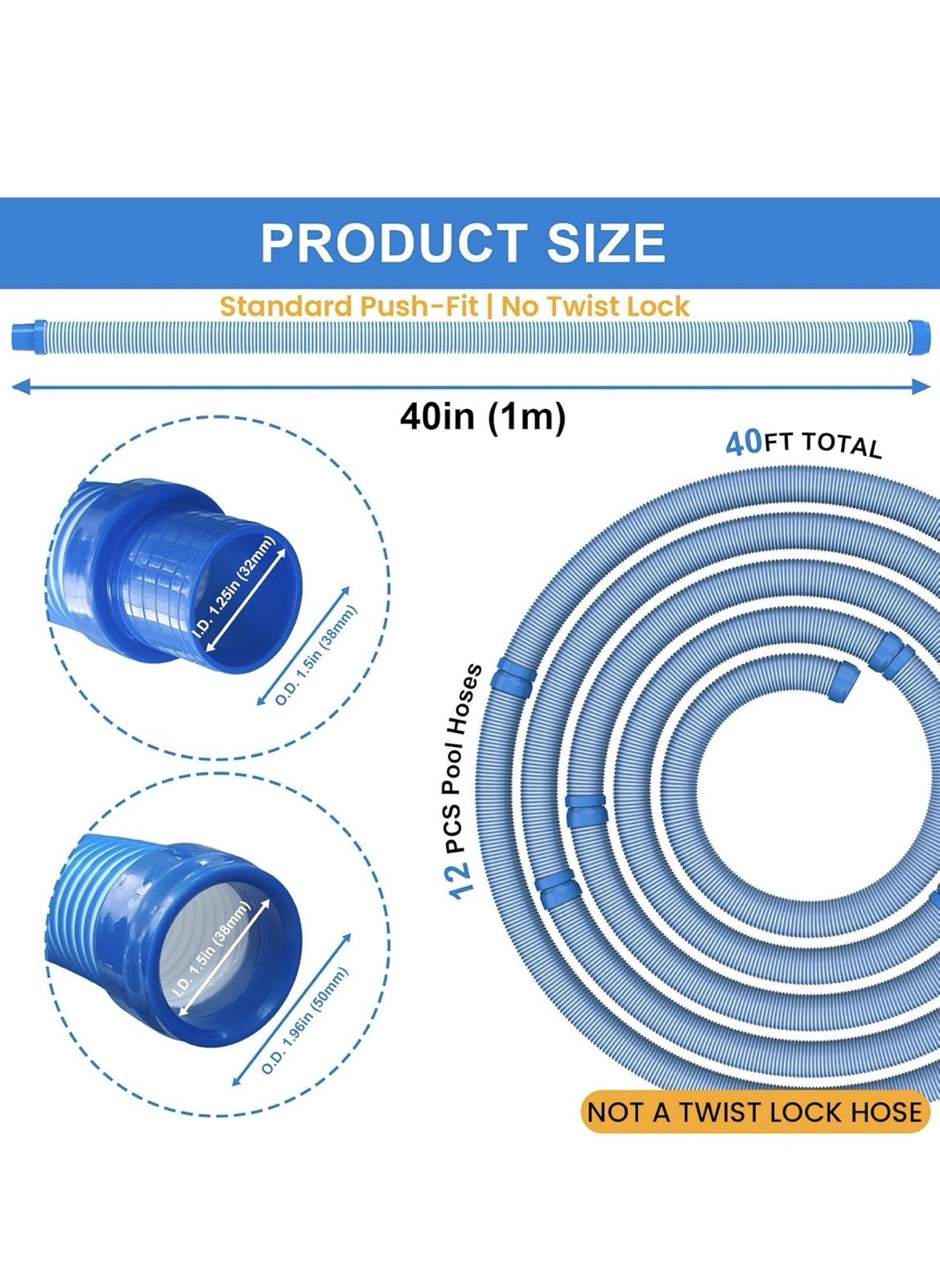 Pool Vacuum Hose 40 Feet (12 x 40 Inch), 1.5 Inch Cuffs, Compatible with Most