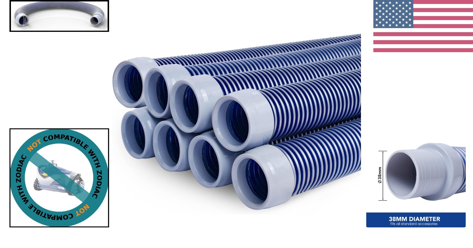 Durable 1.5-inch Pool Vacuum Cleaner Hoses – 8-Piece Set for Efficient Cleaning