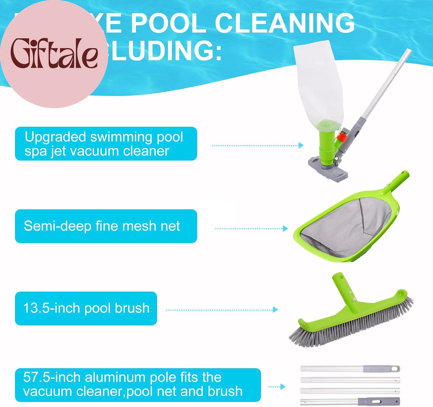 Deluxe Swimming Pool Cleaning Kit with Spa Jet Vacuum Cleaner,Brush, Semi-Deep S