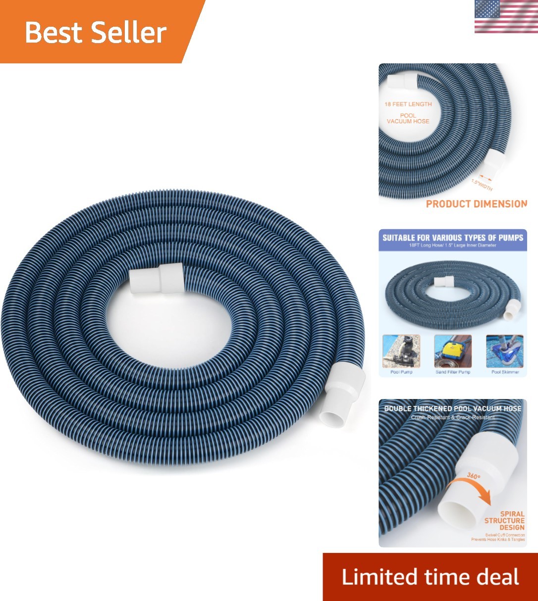 Heavy Duty 1.5 » x 18ft Pool Vacuum Hose with Swivel Cuff for Efficient Cleaning