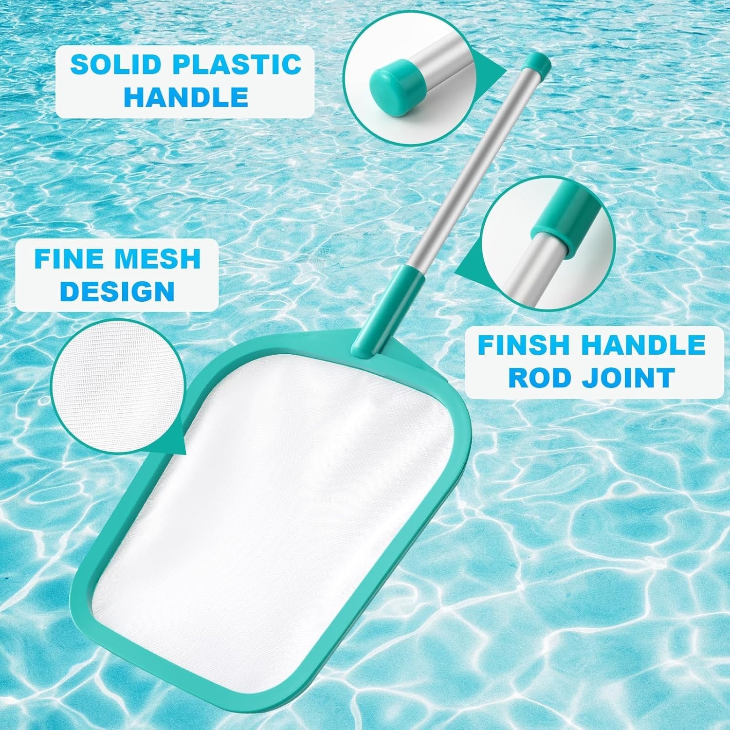 Pool Skimmer Net with Pole, Fine Mesh, Solid Plastic Frame for Pool & Hot Tub