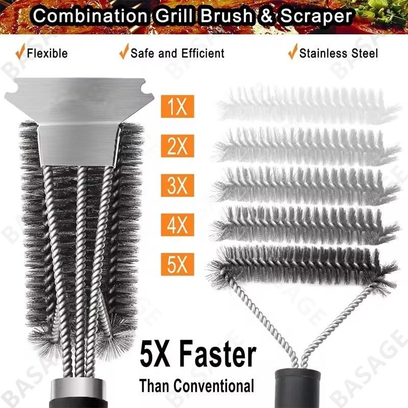 Bristle-Free BBQ Grill Brush Safe Rust-Resistant Stainless Steel Cleaner Tool