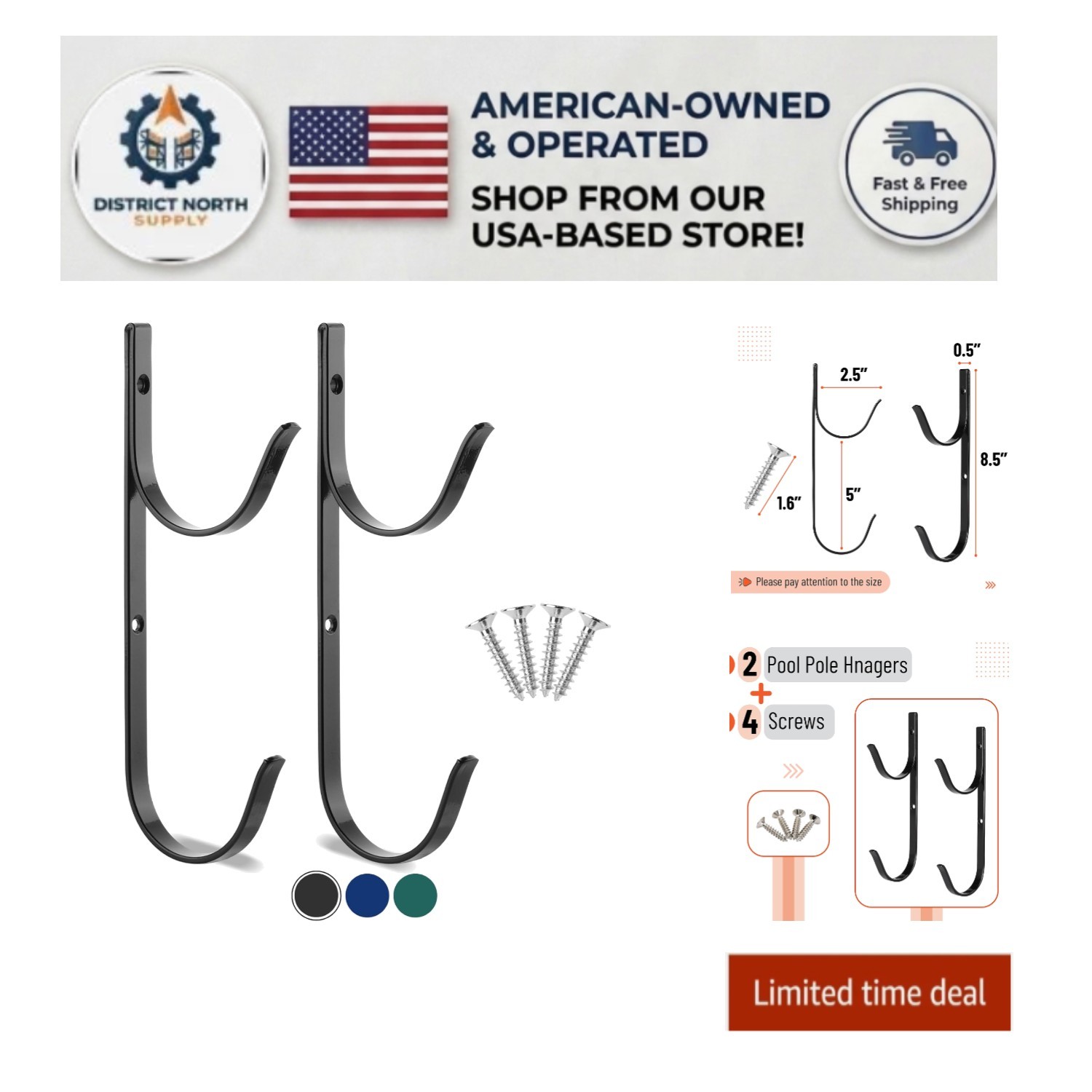 Heavy-Duty Black Aluminum Pool Pole Hangers – 2 Pack for Efficient Storage