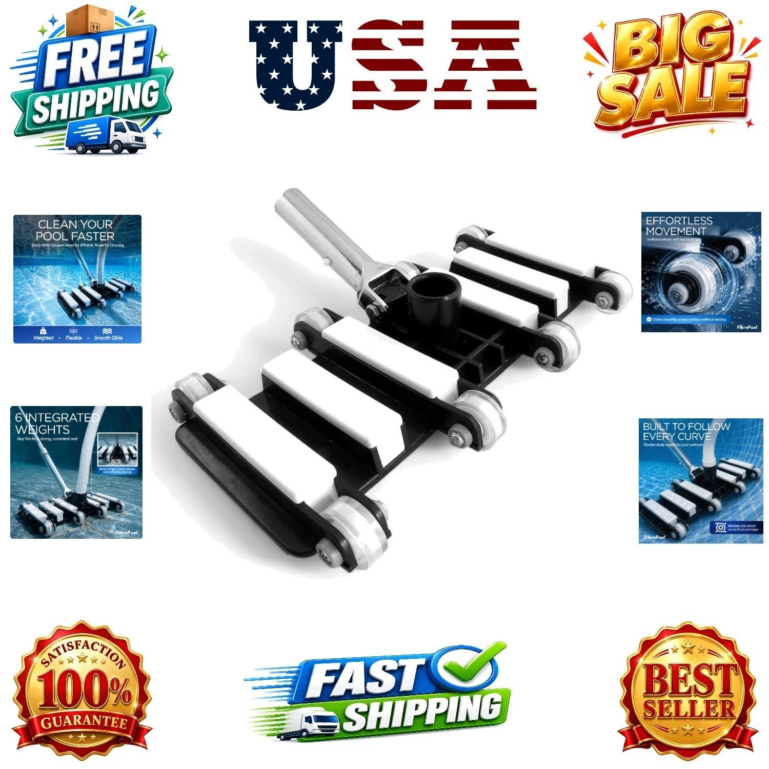 Pool Vacuum Head – 14.4&Prime; Weighted Flexible Design – Inground & Above Ground P…