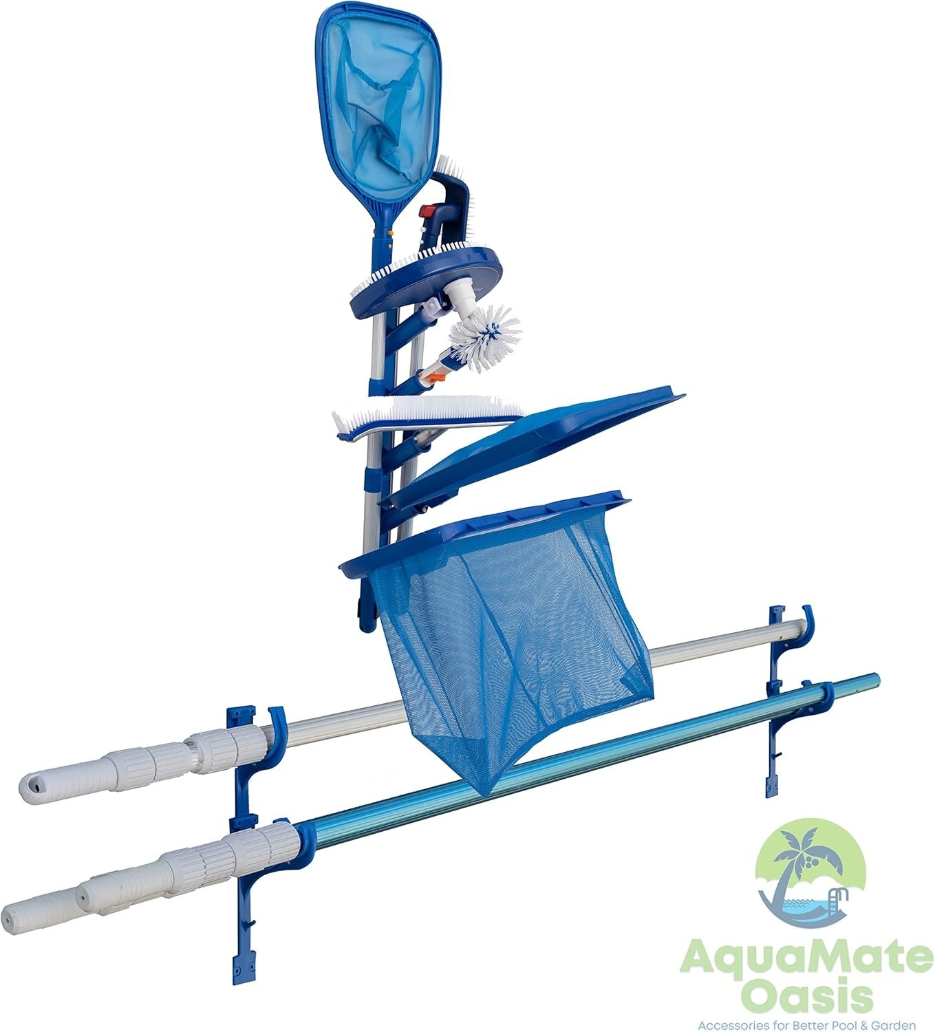 Swimming Pool Accessory Holder with Wall Mount for Skimmer and Vacuum Tools