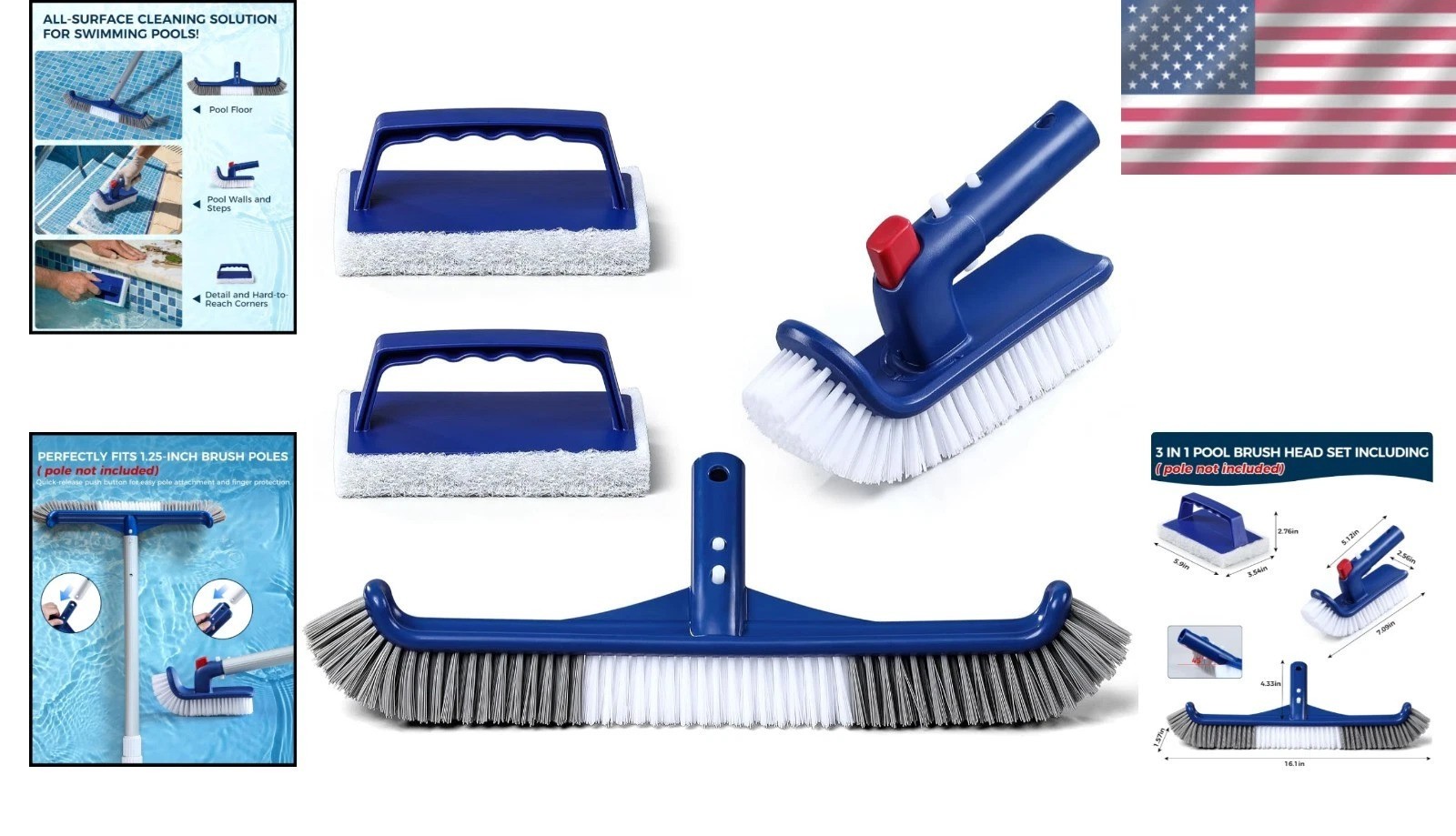 17.5” 3-in-1 Pool Brush Set: Sponge, Scrubber, Rotatable for Efficient Cleaning