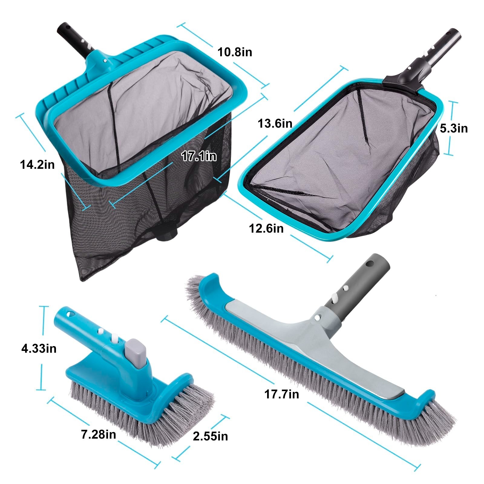 4-Piece Pool Cleaning Kit – Curved Wall Brush, Hand Scrubber, Leaf Rake & Skimme