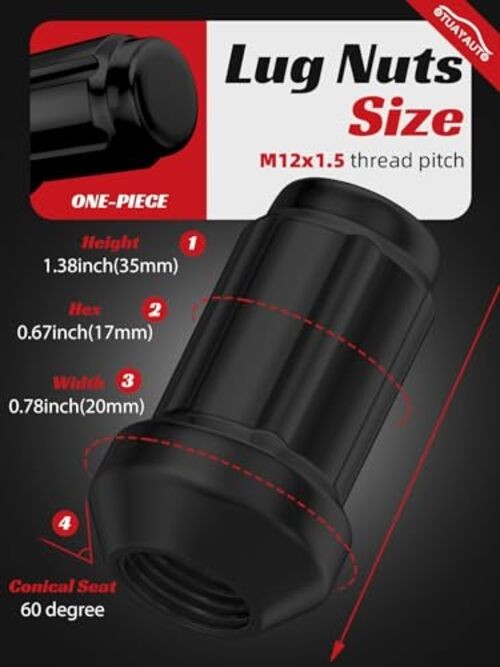 Lug Nuts – 16PCS 12mmx1.5 Wheel Lug Nut with Socket Key, M12x1.5 Black Spline