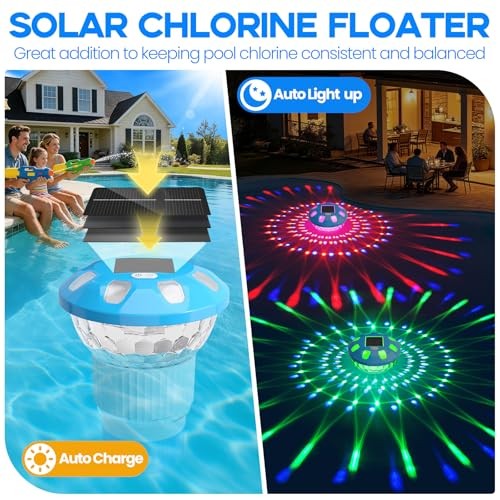 Pool Chlorine Floater, Solar Chlorine Floater with Colorful Lights, Light Blue