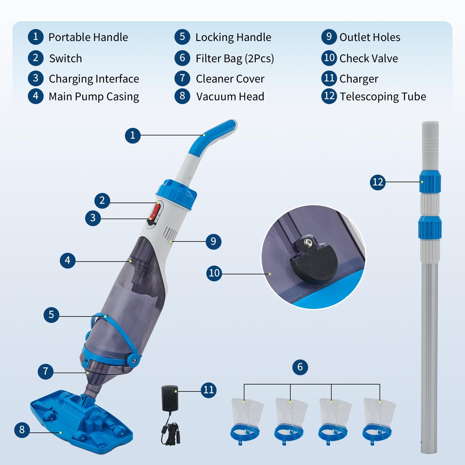 Cordless Rechargeable Pool Vacuum Handheld with Telescopic Pole for Above Ground
