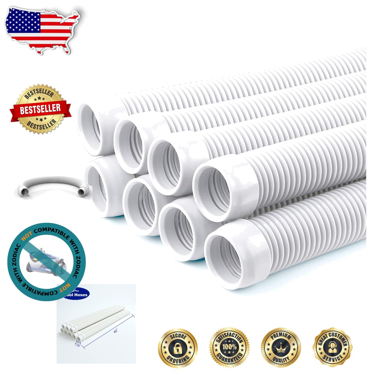 Heavy Duty 1.5&Prime; Pool Vacuum Hose – 8x 3ft Flexible White PE Replacements